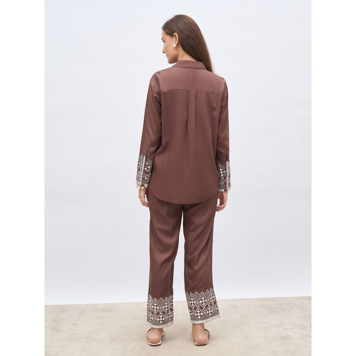 Styli Brown Embroidered Shirt and Straight Fit Pants Co-Ords-women-clothing-coordsets-image-5