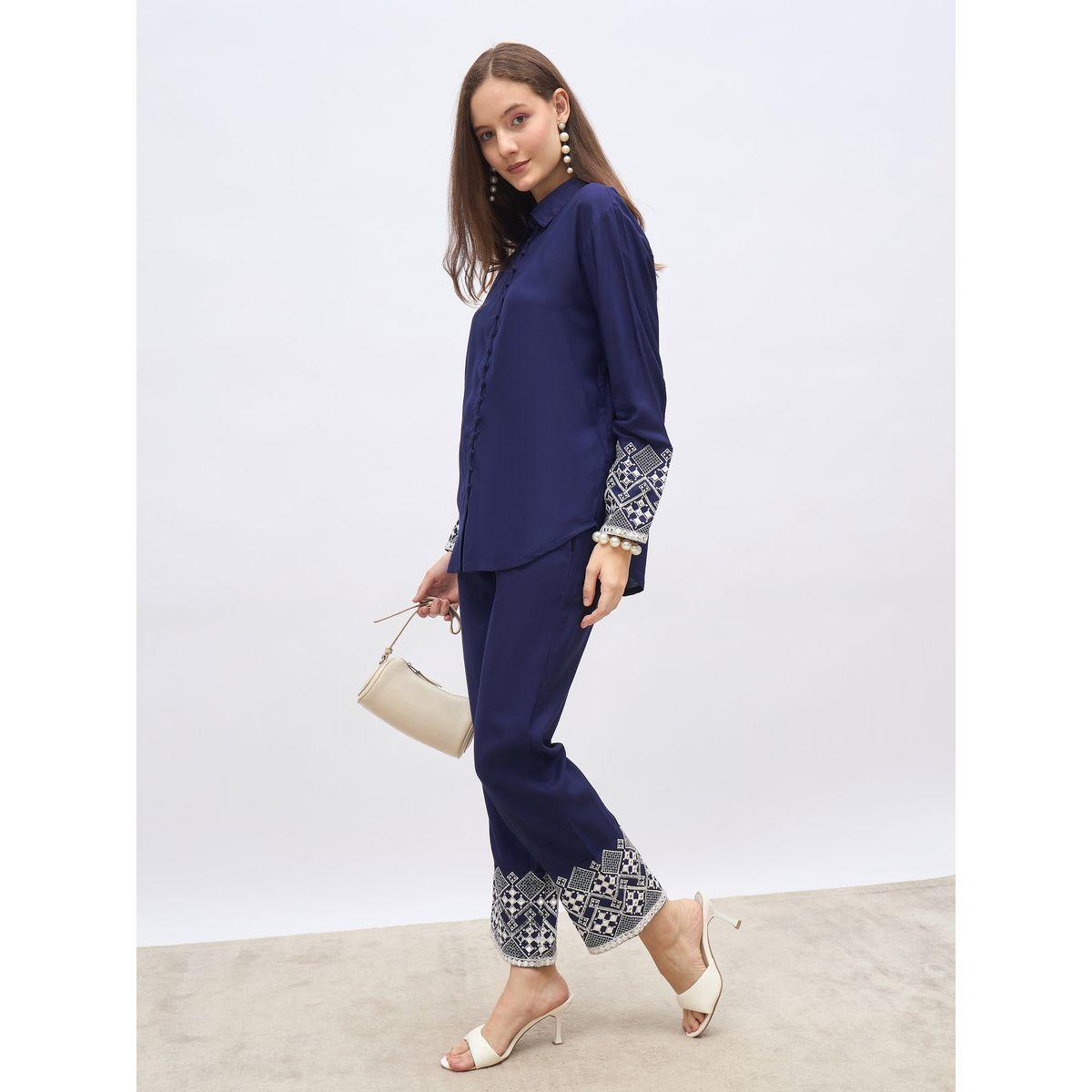 Styli Medium Blue Embroidered Shirt and Straight Fit Pants Co-Ords-women-clothing-coordsets-image-1