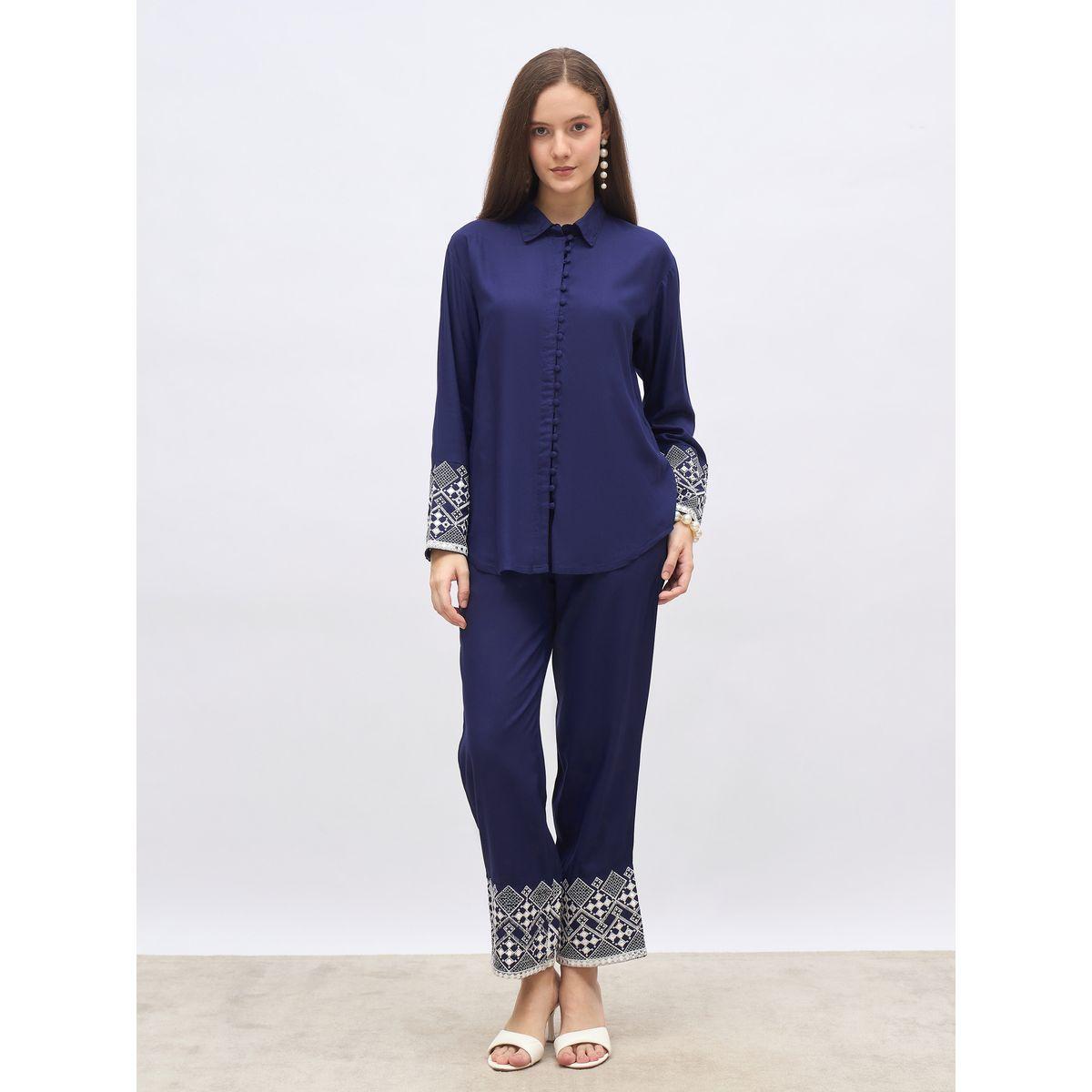 Styli Medium Blue Embroidered Shirt and Straight Fit Pants Co-Ords-women-clothing-coordsets-image-2