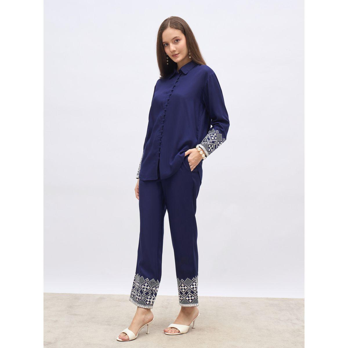 Styli Medium Blue Embroidered Shirt and Straight Fit Pants Co-Ords-women-clothing-coordsets-image-3