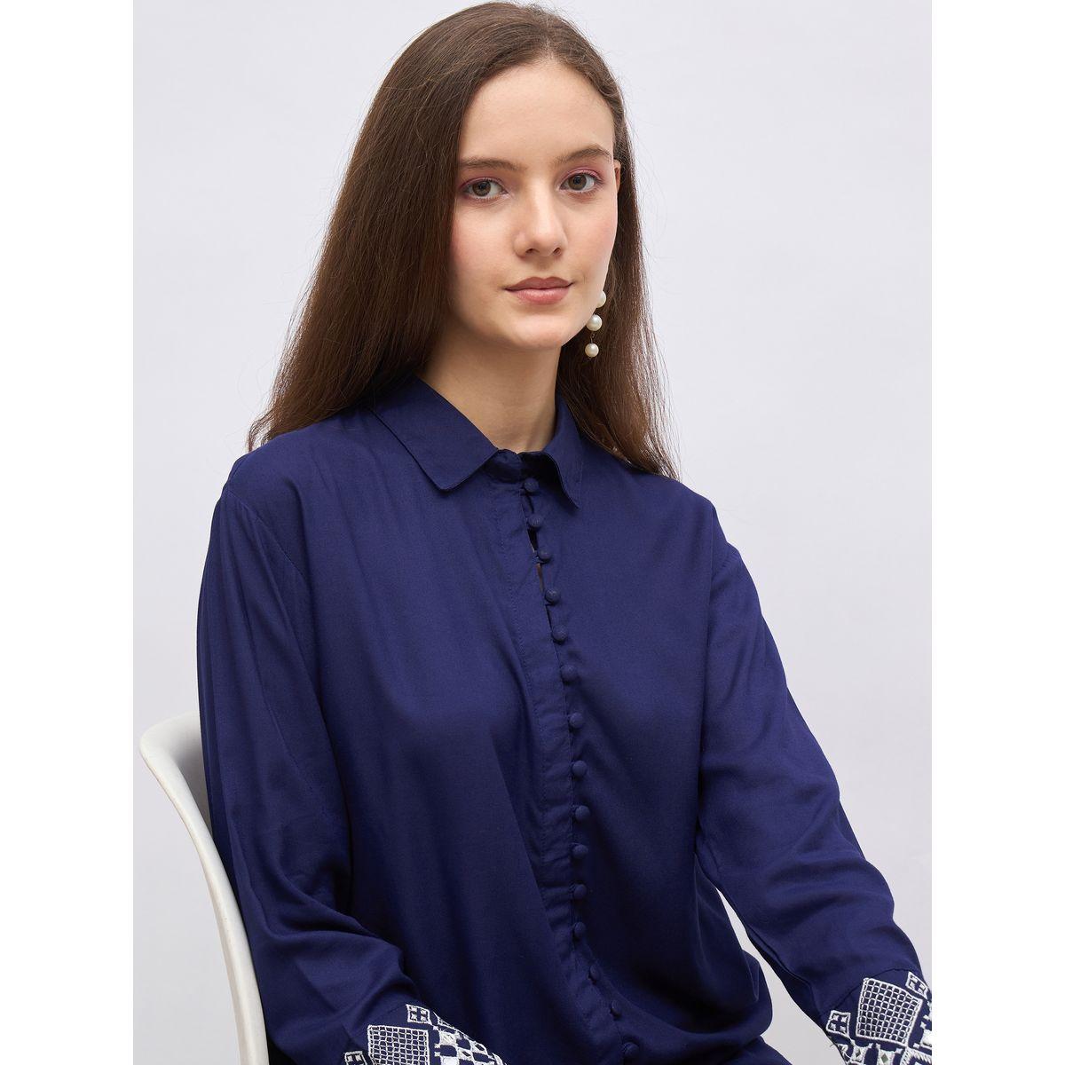 Styli Medium Blue Embroidered Shirt and Straight Fit Pants Co-Ords-women-clothing-coordsets-image-4