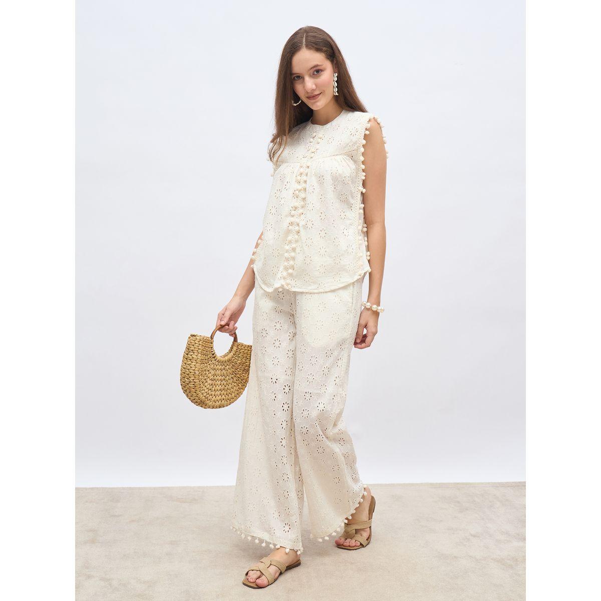 Styli Off  White Sleeveless Schiffli Top and Pants Co-Ords-women-clothing-coordsets-image-1