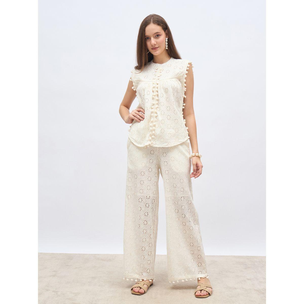 Styli Off  White Sleeveless Schiffli Top and Pants Co-Ords-women-clothing-coordsets-image-2