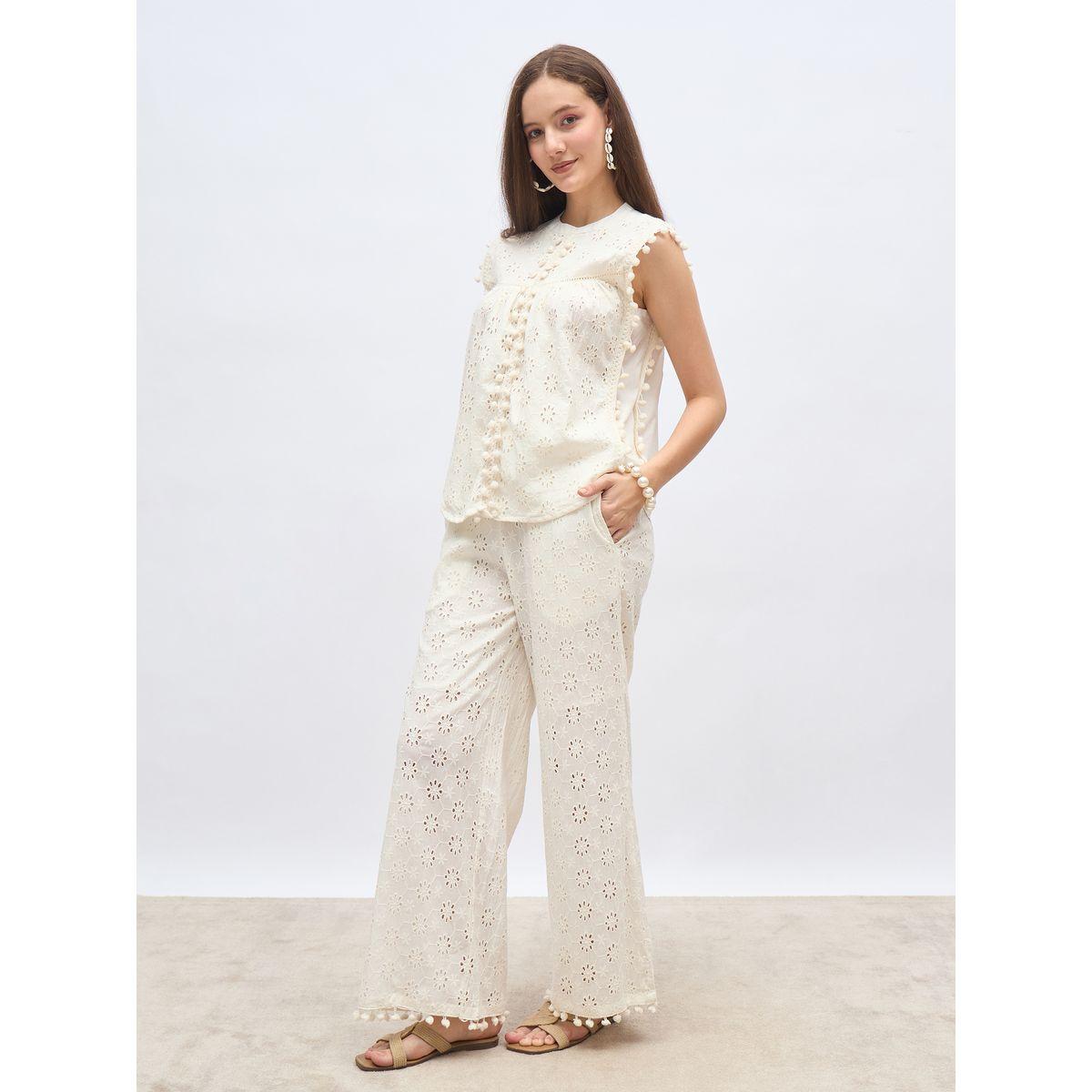 Styli Off  White Sleeveless Schiffli Top and Pants Co-Ords-women-clothing-coordsets-image-3