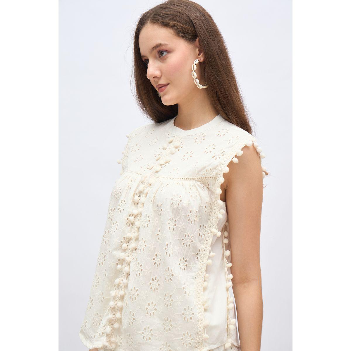 Styli Off  White Sleeveless Schiffli Top and Pants Co-Ords-women-clothing-coordsets-image-4