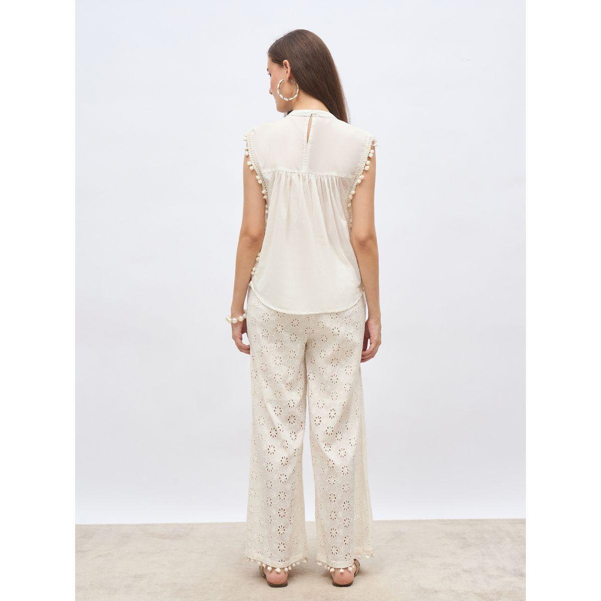 Styli Off  White Sleeveless Schiffli Top and Pants Co-Ords-women-clothing-coordsets-image-5