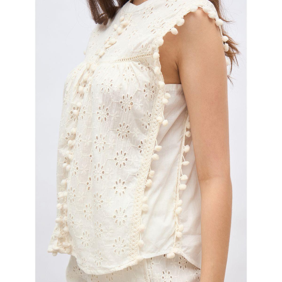 Styli Off  White Sleeveless Schiffli Top and Pants Co-Ords-women-clothing-coordsets-image-7
