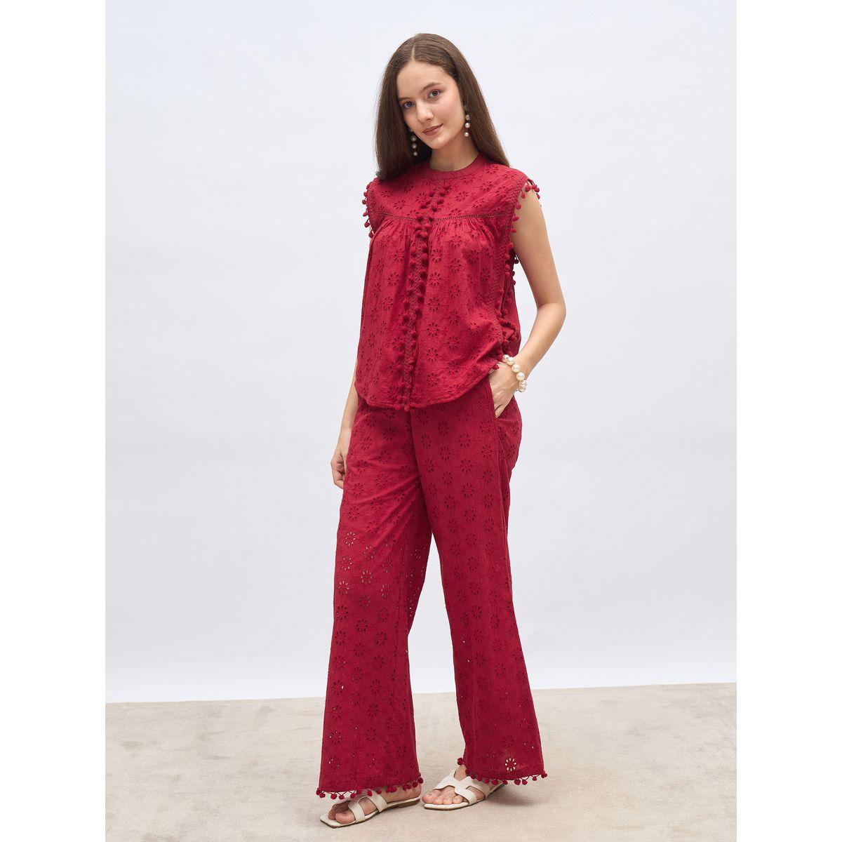 Styli Red Sleeveless Schiffli Top and Pants Co-Ords-women-clothing-coordsets-image-3