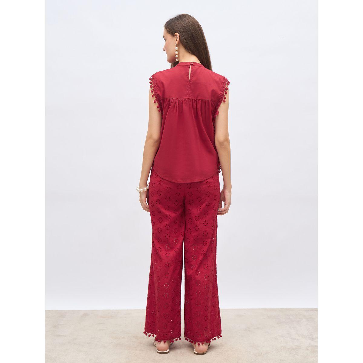 Styli Red Sleeveless Schiffli Top and Pants Co-Ords-women-clothing-coordsets-image-5