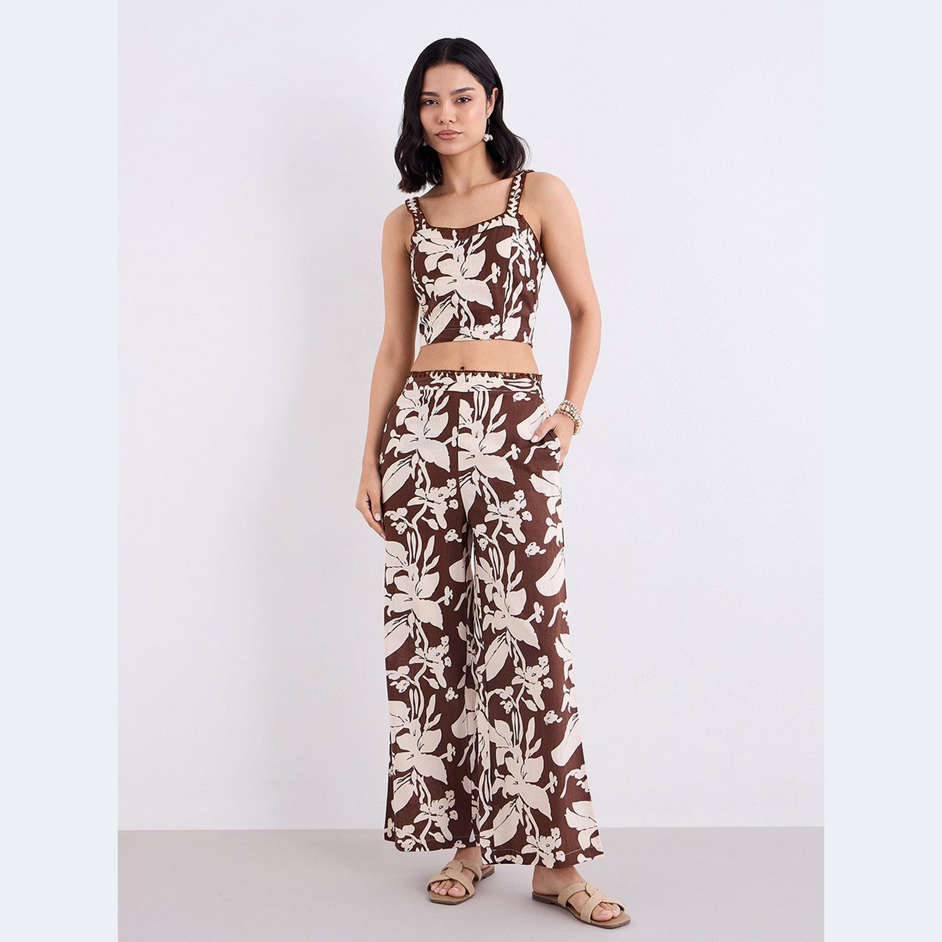 Styli Brown Floral Crop Top and Pants Co-Ords-women-clothing-coordsets-image-1