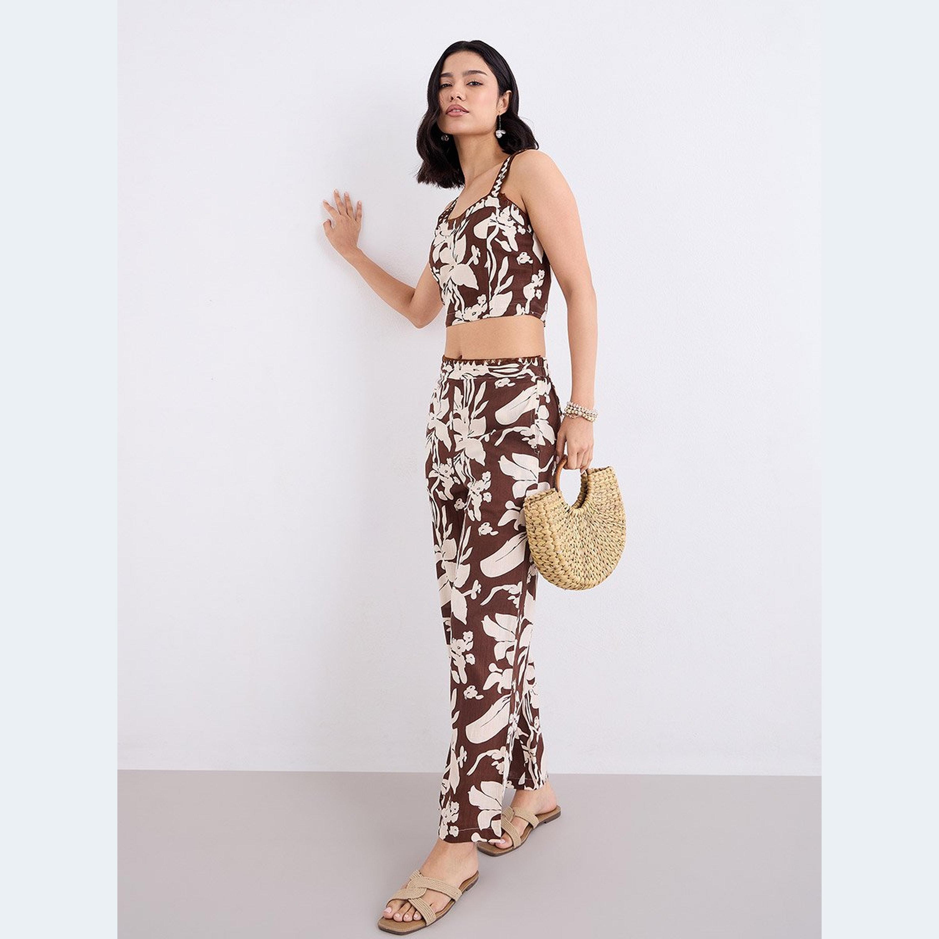 Styli Brown Floral Crop Top and Pants Co-Ords-women-clothing-coordsets-image-2