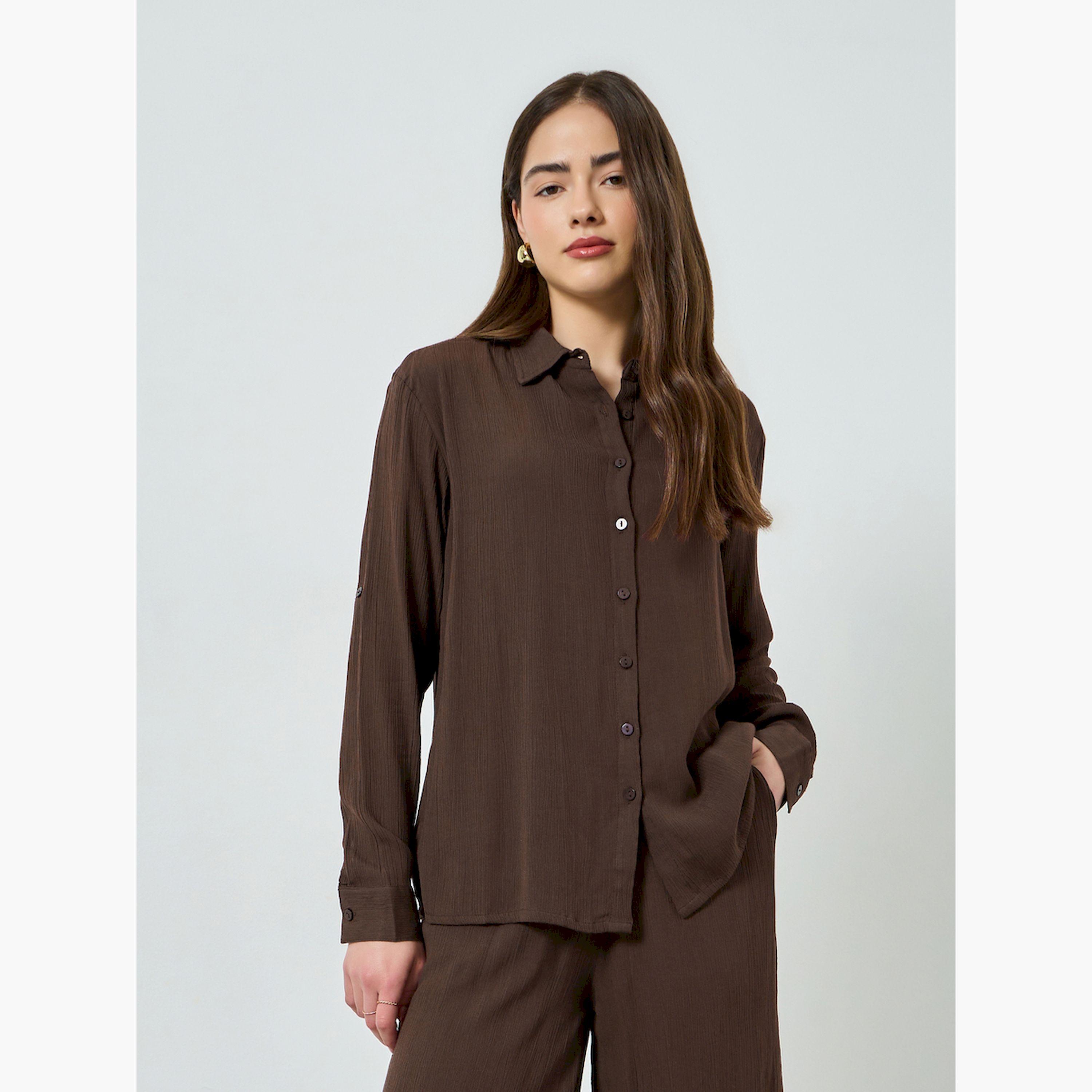 طقم منسق من بلوزة وبنطال واسع بتفاصيل مجعدة-women-clothing-coordsets-image-3