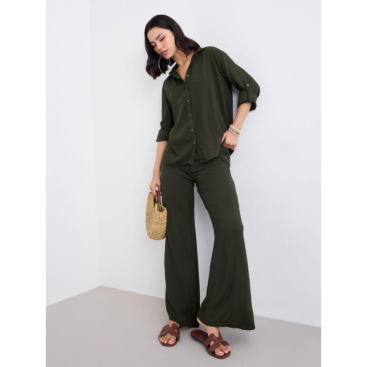 Styli Women Olive Crinkled Oversized Shirt and Pants Co-Ords-women-clothing-coordsets-image-1
