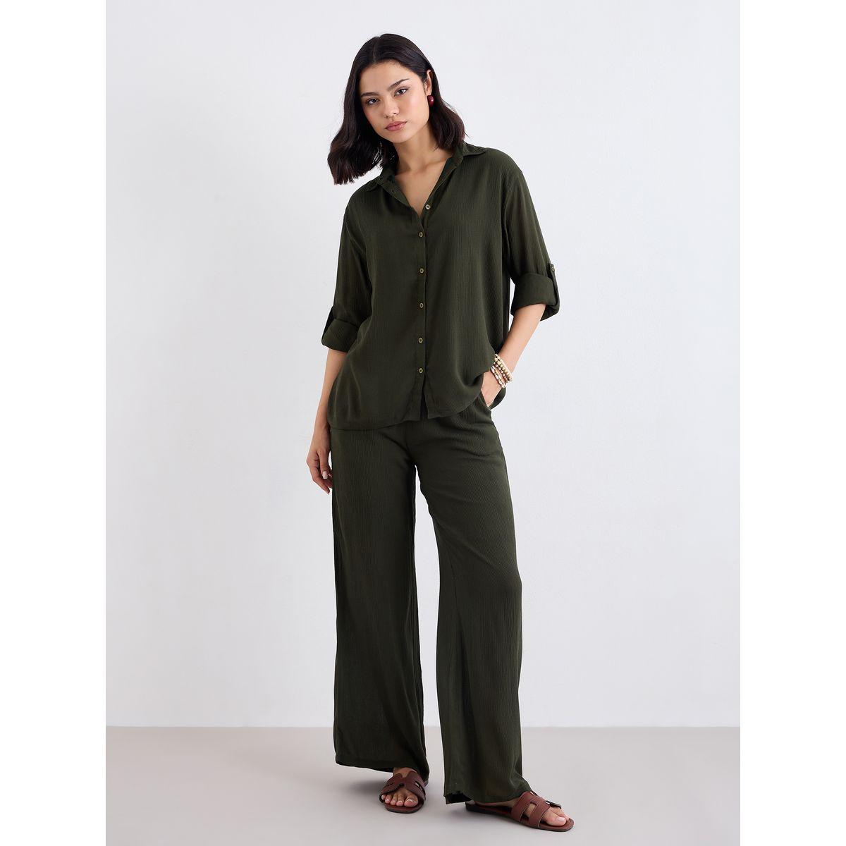 Styli Women Olive Crinkled Oversized Shirt and Pants Co-Ords-women-clothing-coordsets-image-2
