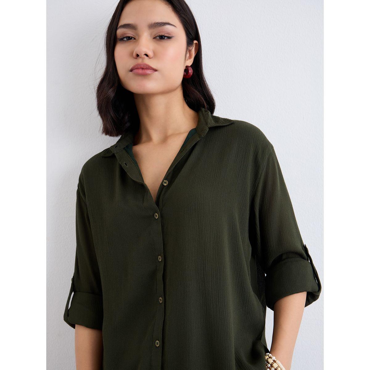 Styli Women Olive Crinkled Oversized Shirt and Pants Co-Ords-women-clothing-coordsets-image-3