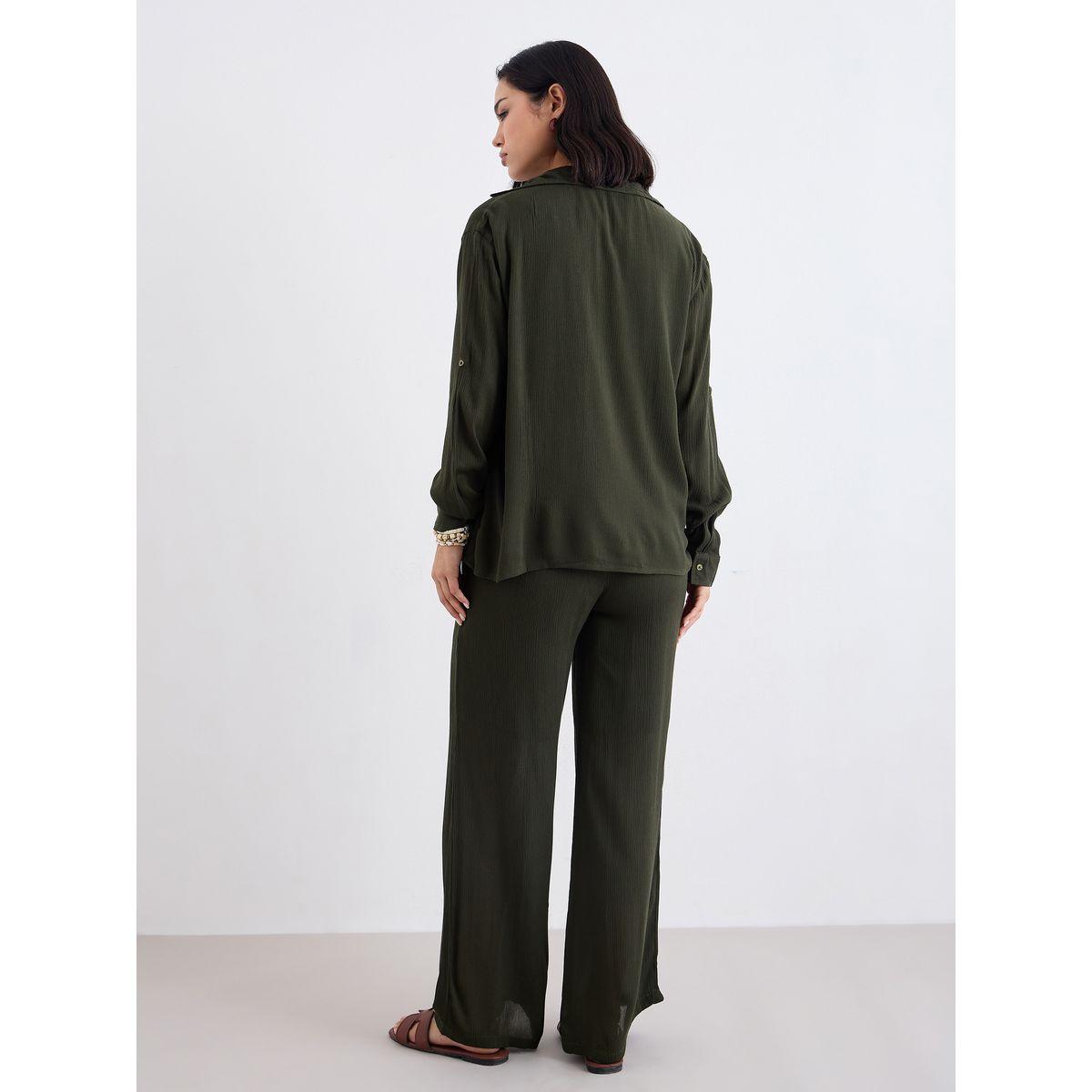 Styli Women Olive Crinkled Oversized Shirt and Pants Co-Ords-women-clothing-coordsets-image-4