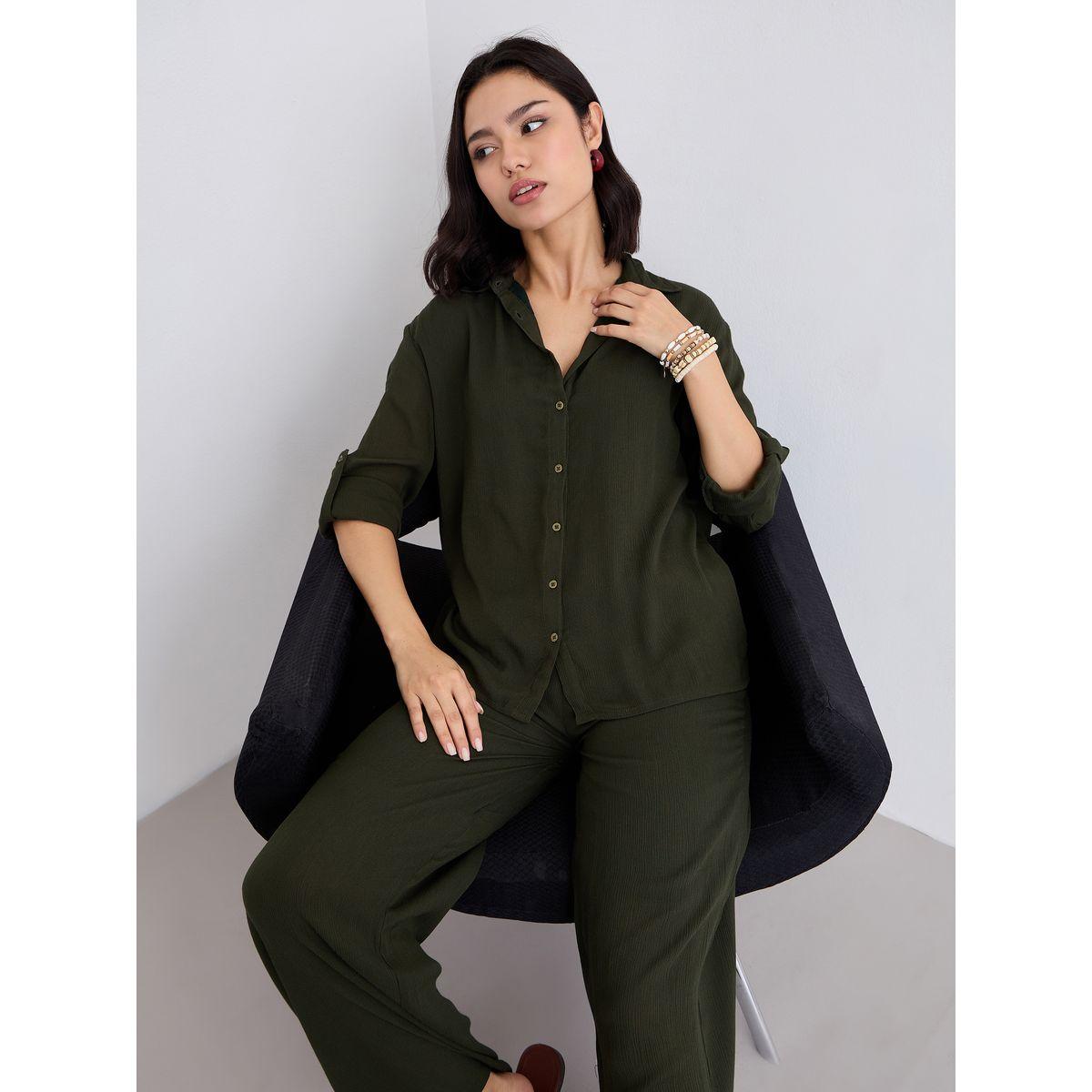 Styli Women Olive Crinkled Oversized Shirt and Pants Co-Ords-women-clothing-coordsets-image-5