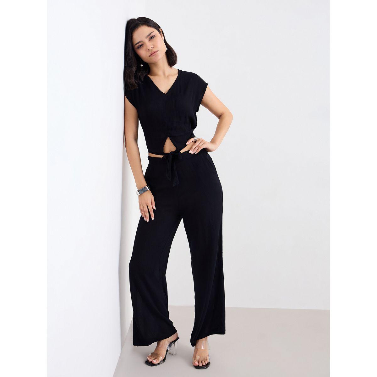 Styli Black Front Knot Crop Top and Pants Co-Ords-women-clothing-coordsets-image-1