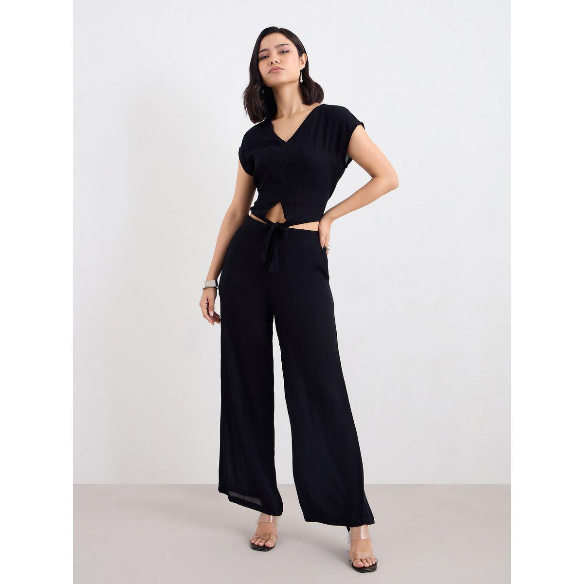 Styli Black Front Knot Crop Top and Pants Co-Ords-women-clothing-coordsets-image-2
