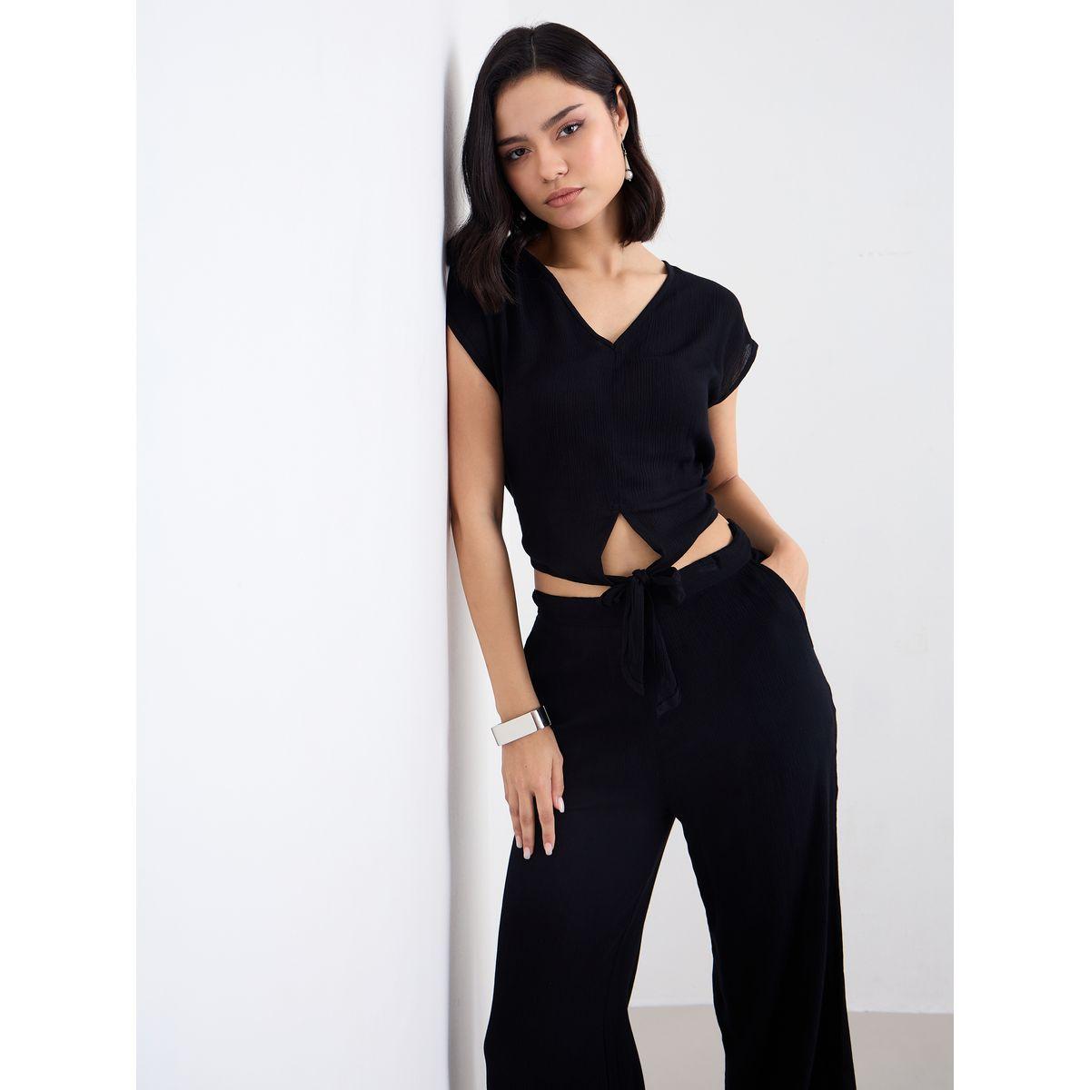 Styli Black Front Knot Crop Top and Pants Co-Ords-women-clothing-coordsets-image-5