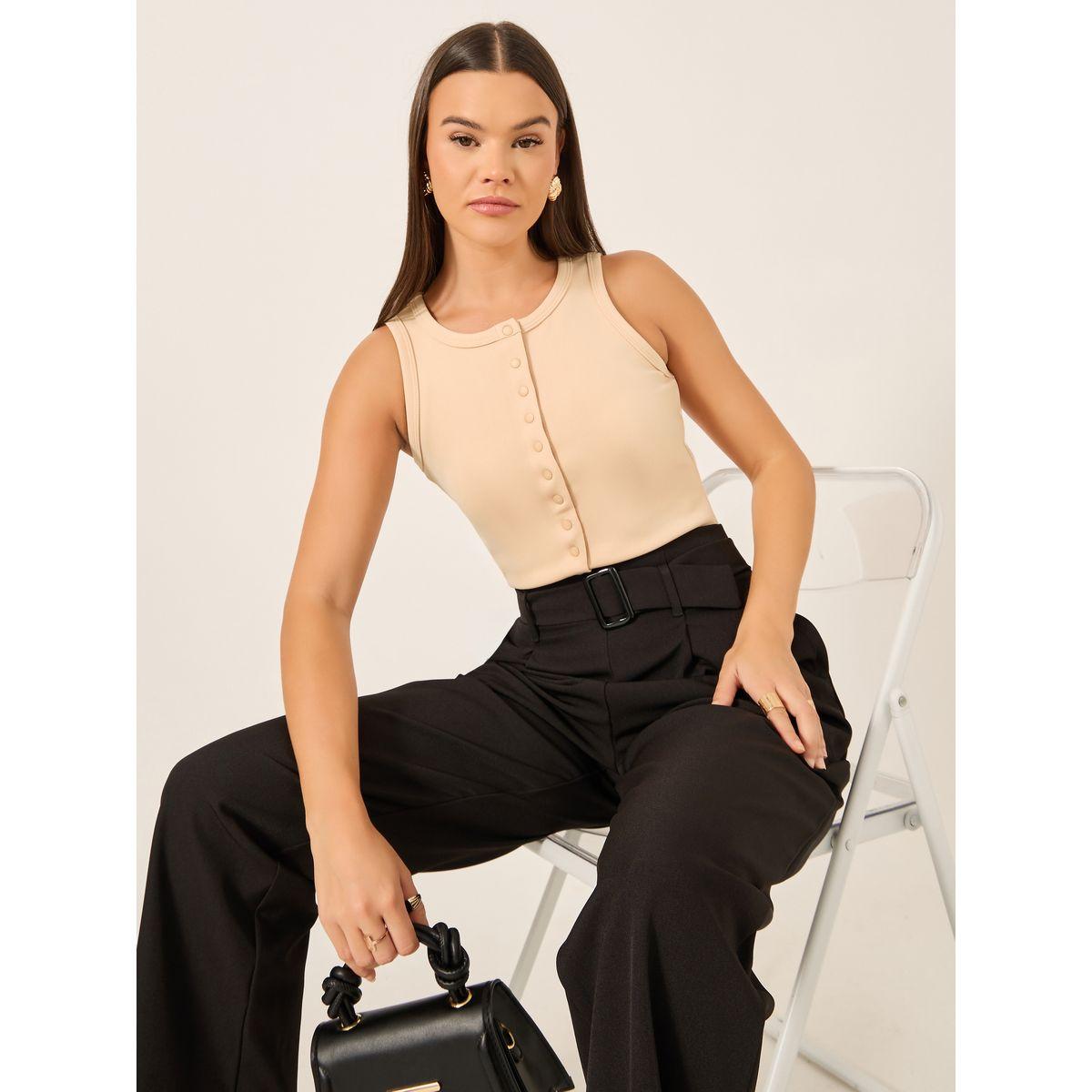 Styli Round Neck Knitted Tank Top with Button Detail-women-clothing-tshirts-image-1