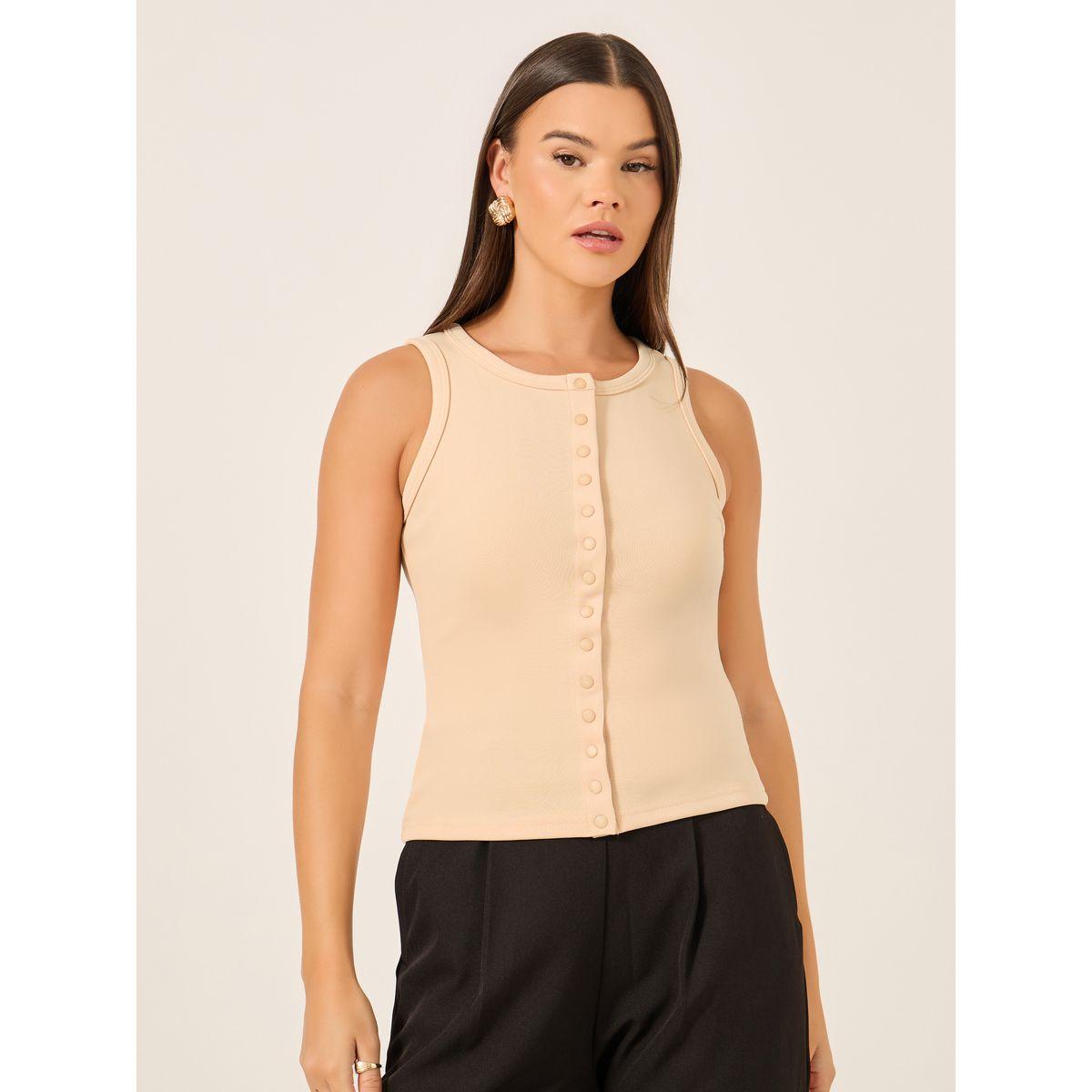 Styli Round Neck Knitted Tank Top with Button Detail-women-clothing-tshirts-image-3