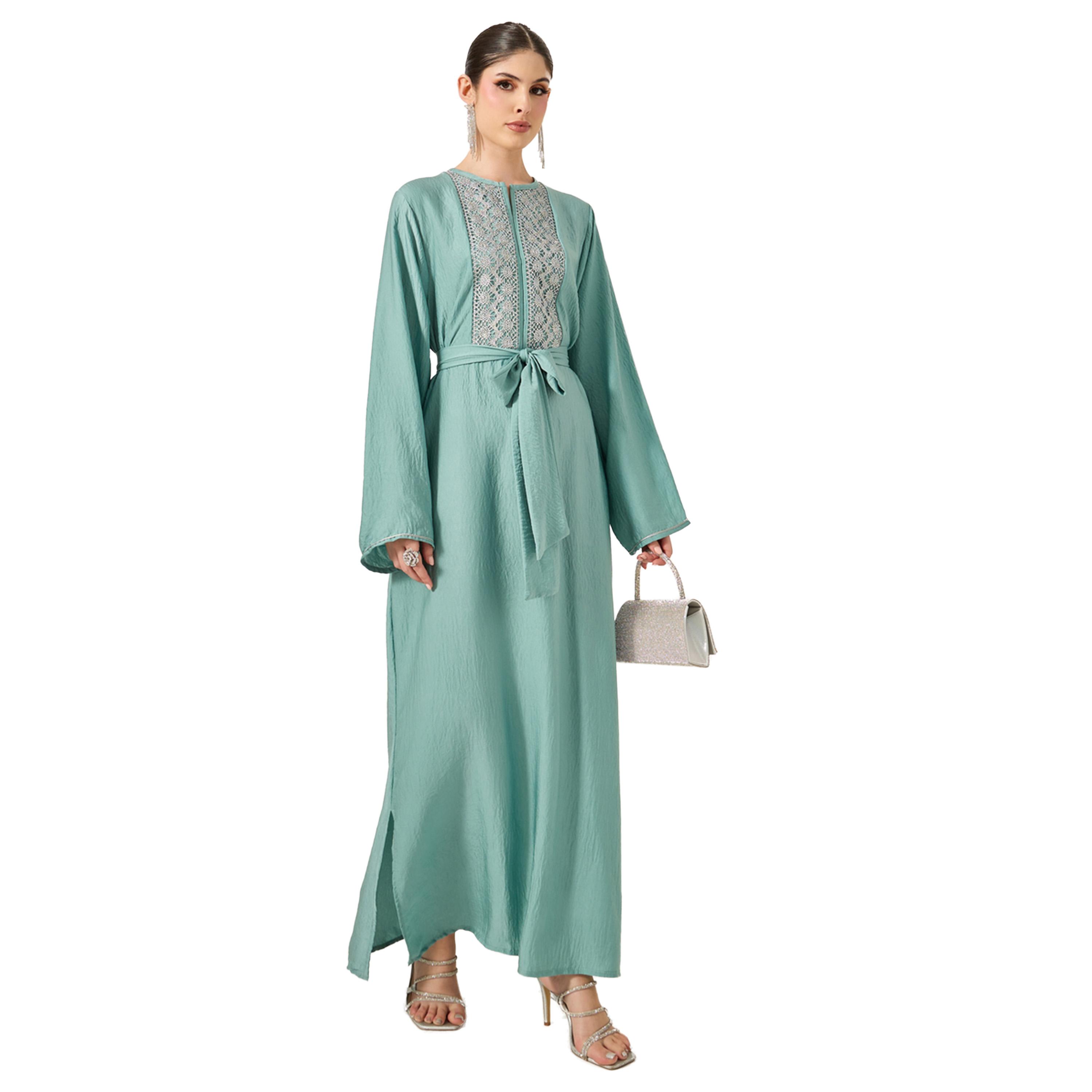Amirah X Styli Satin Lace Insert Notch Neck Jalabyia-women-arabicclothing-jalabiyas-image-1