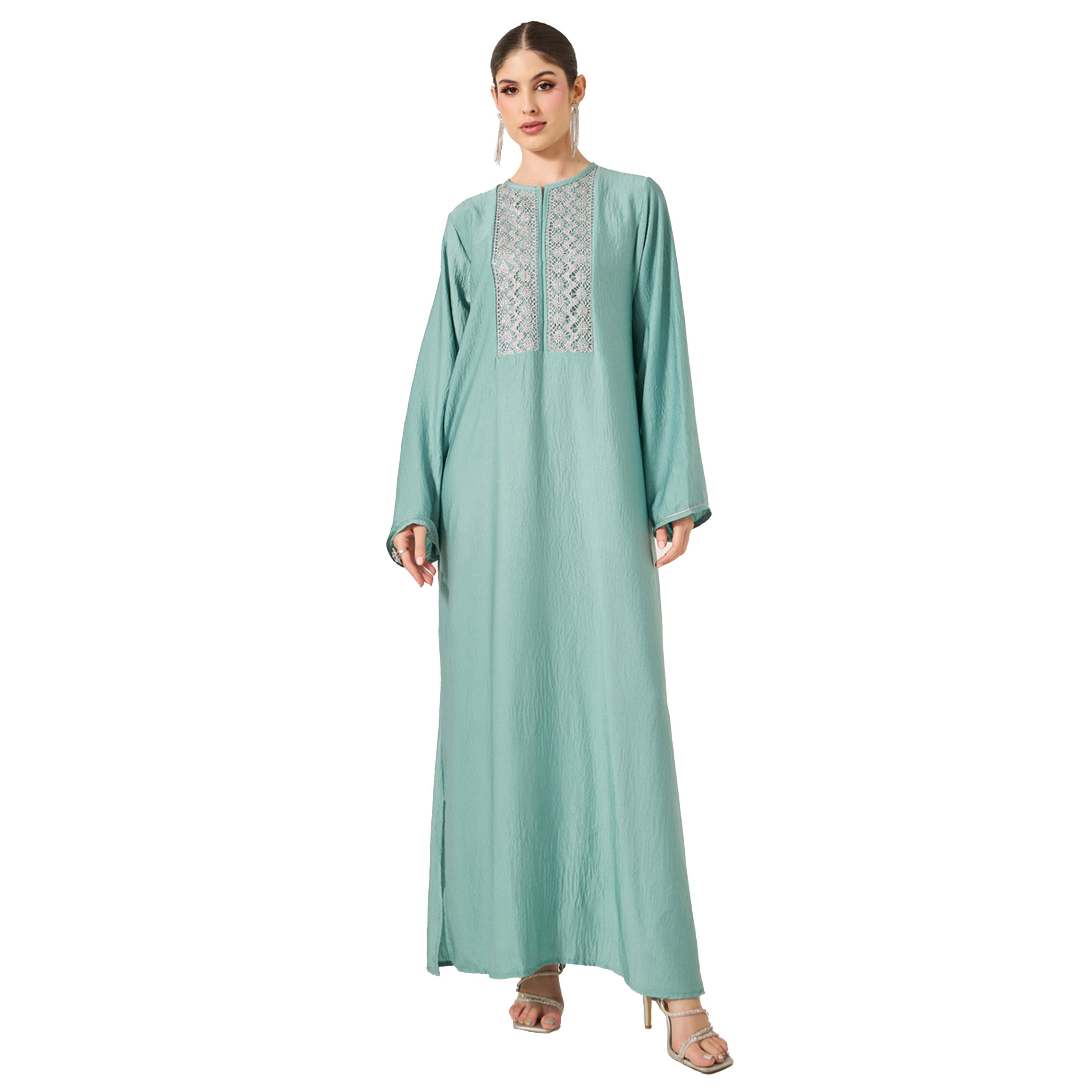 Amirah X Styli Satin Lace Insert Notch Neck Jalabyia-women-arabicclothing-jalabiyas-image-2