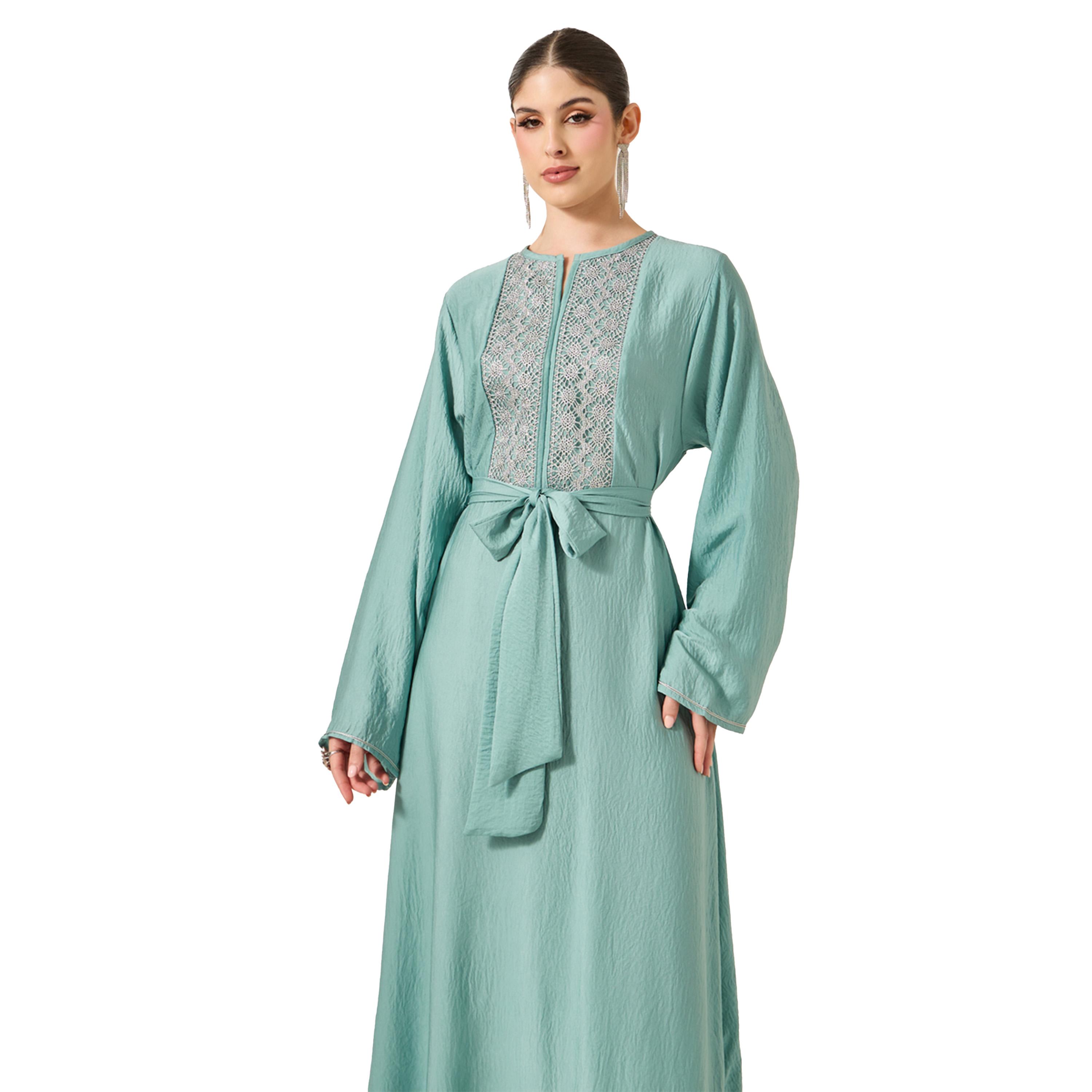 Amirah X Styli Satin Lace Insert Notch Neck Jalabyia-women-arabicclothing-jalabiyas-image-3