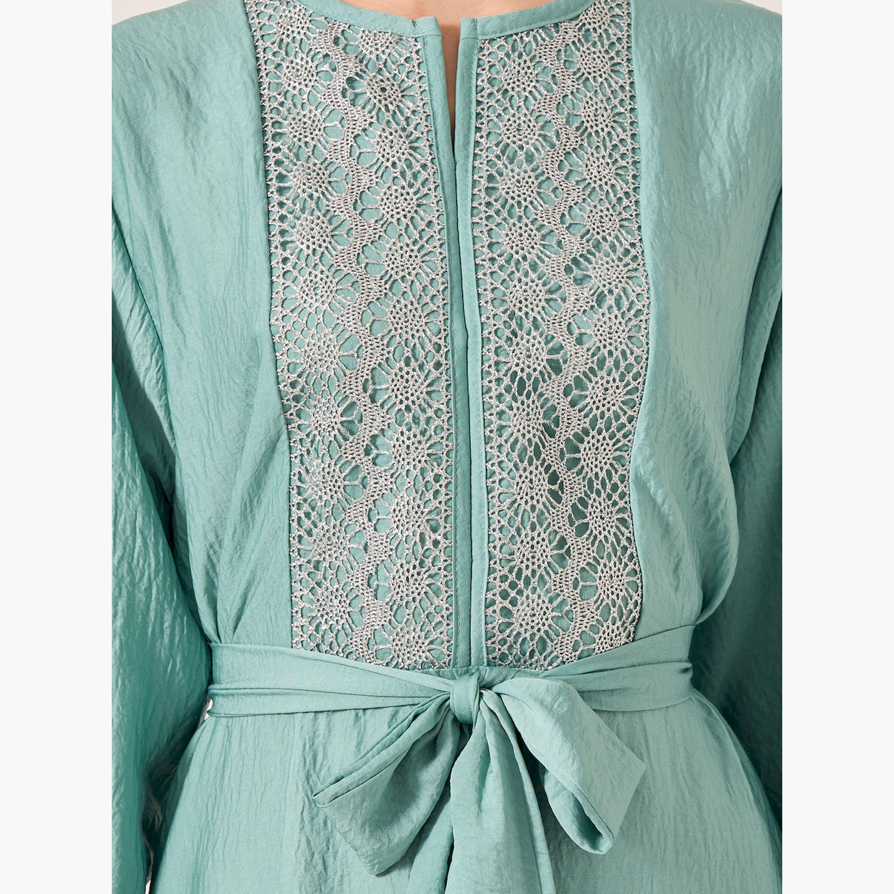 Amirah X Styli Satin Lace Insert Notch Neck Jalabyia-women-arabicclothing-jalabiyas-image-4