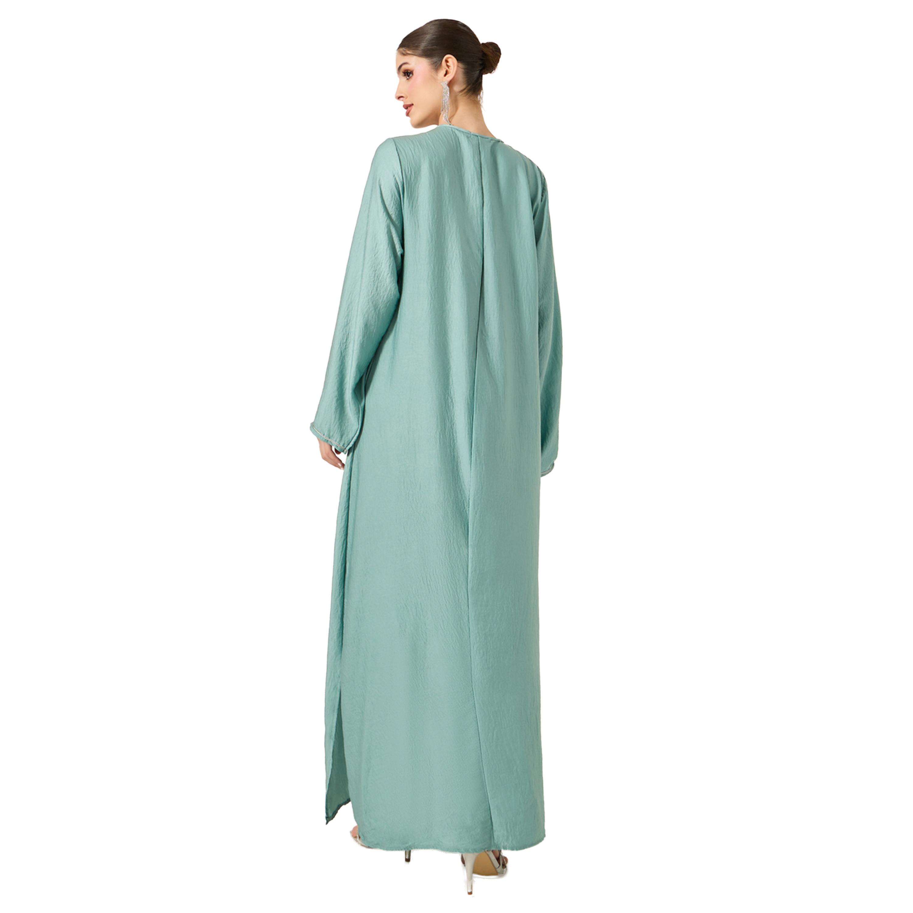 Amirah X Styli Satin Lace Insert Notch Neck Jalabyia-women-arabicclothing-jalabiyas-image-5