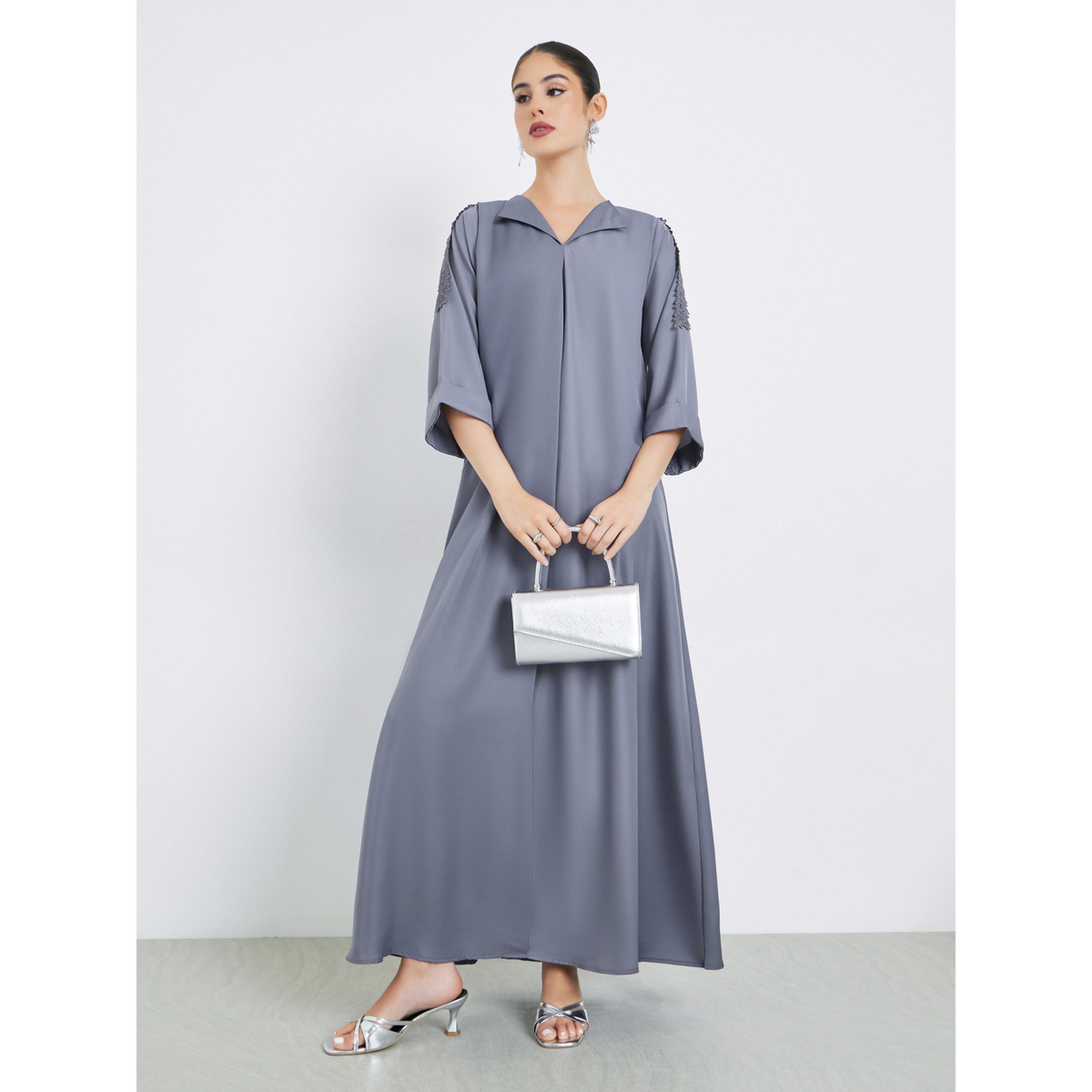 Styli Grey Front Pleat Lace Detail Jalabiya-women-arabicclothing-jalabiyas-image-1