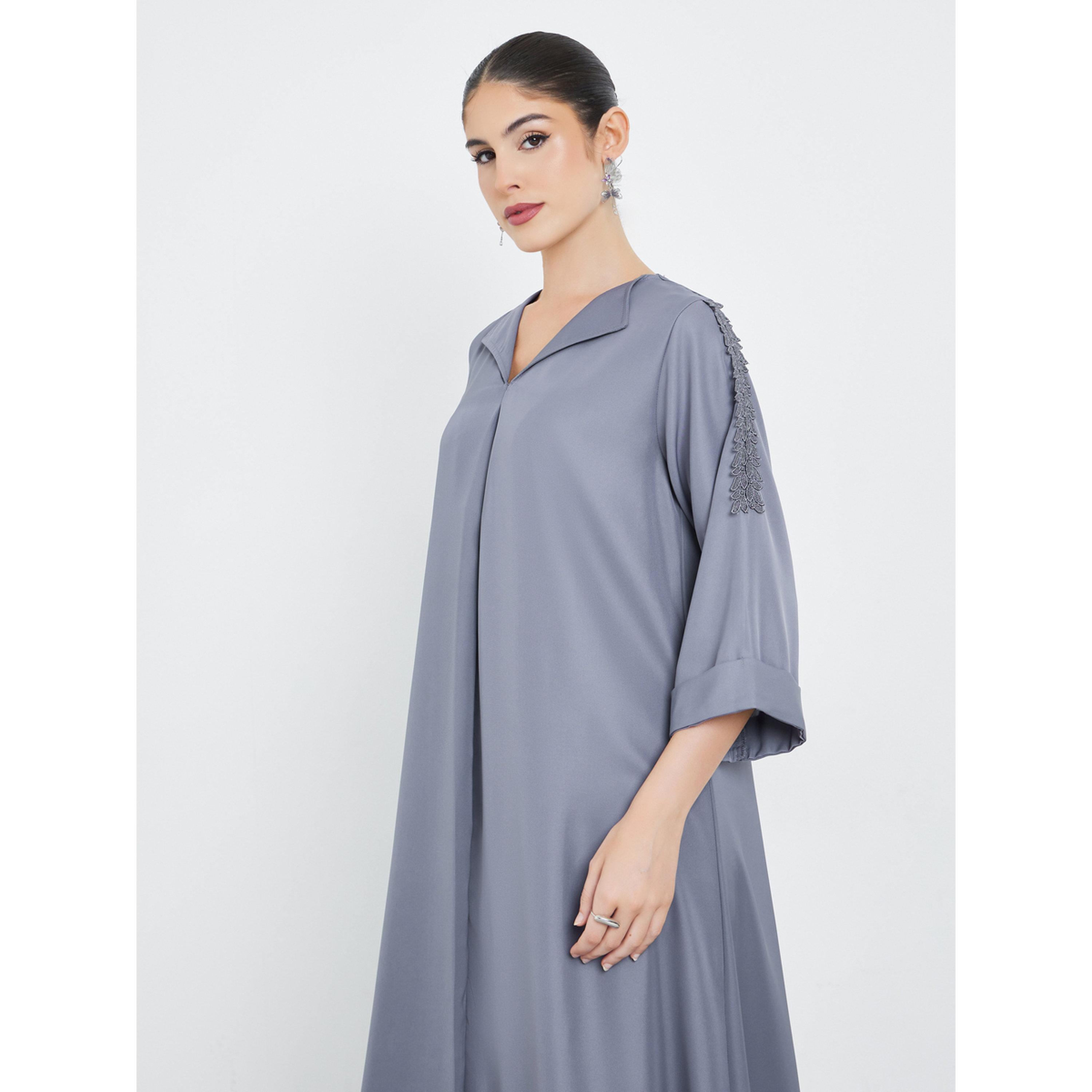 Styli Grey Front Pleat Lace Detail Jalabiya-women-arabicclothing-jalabiyas-image-2