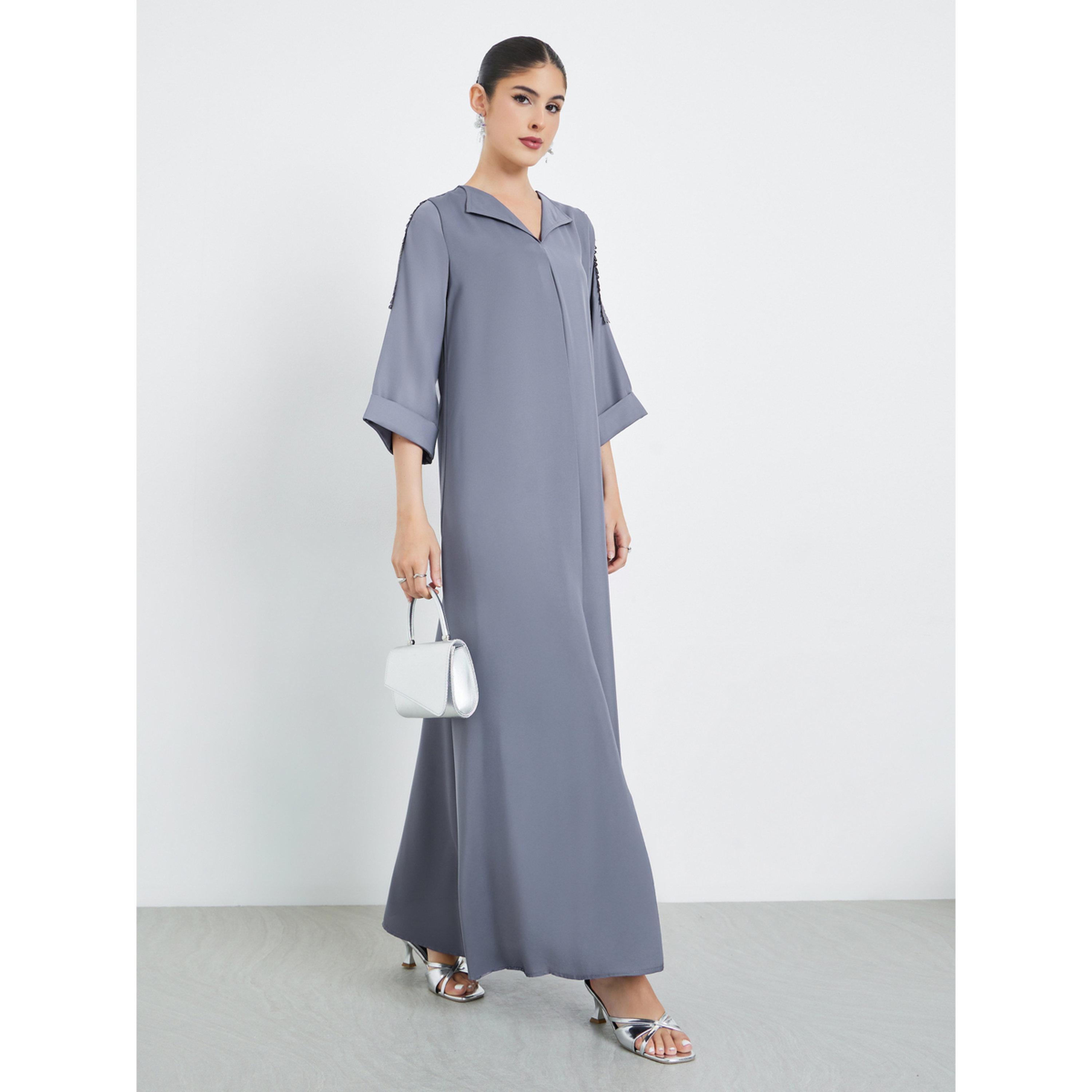 Styli Grey Front Pleat Lace Detail Jalabiya-women-arabicclothing-jalabiyas-image-3