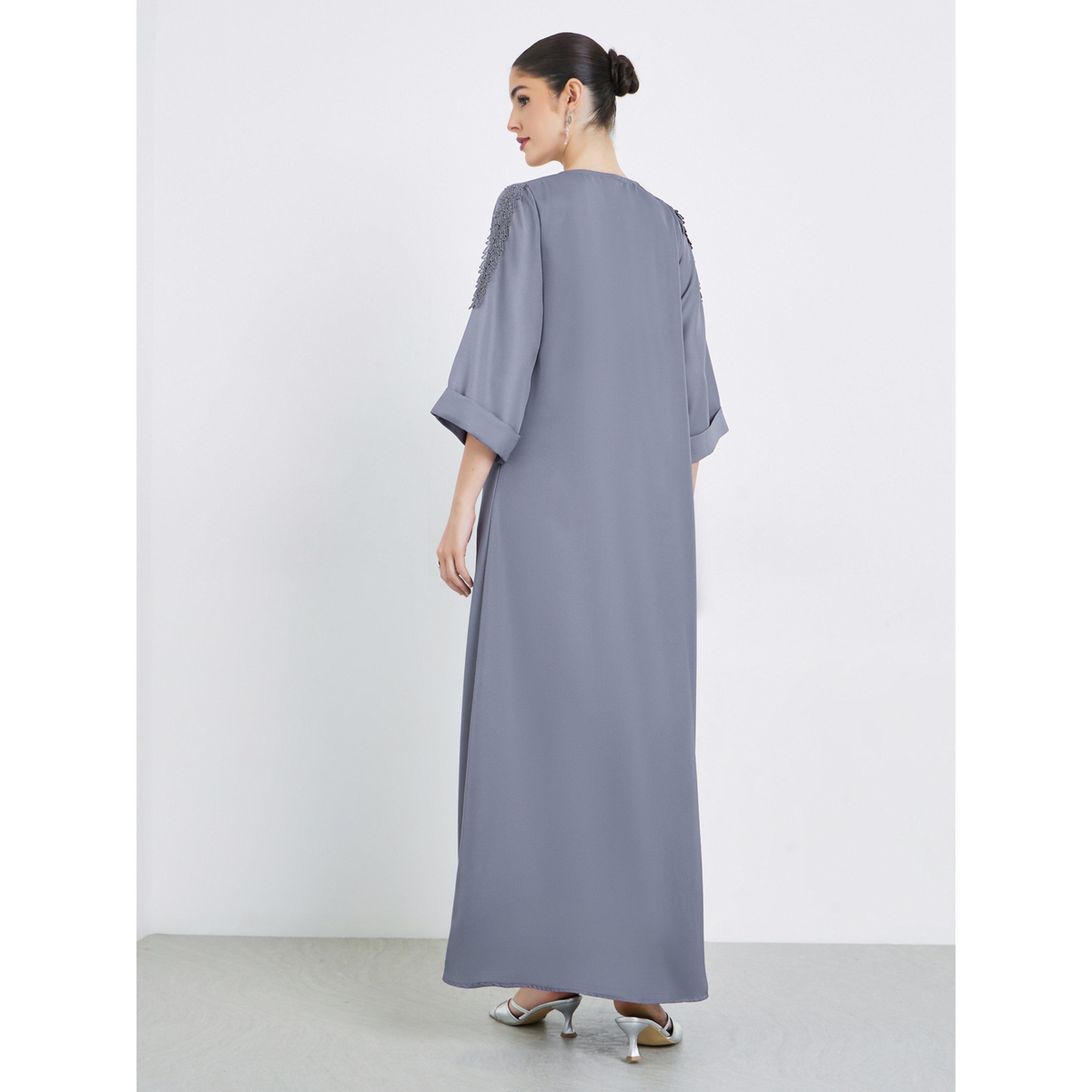 Styli Grey Front Pleat Lace Detail Jalabiya-women-arabicclothing-jalabiyas-image-4