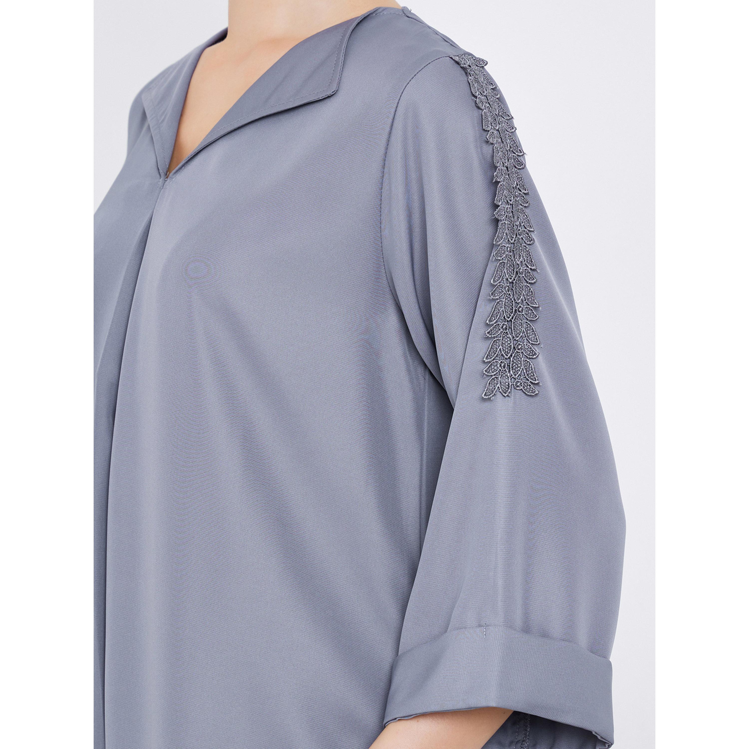 Styli Grey Front Pleat Lace Detail Jalabiya-women-arabicclothing-jalabiyas-image-5