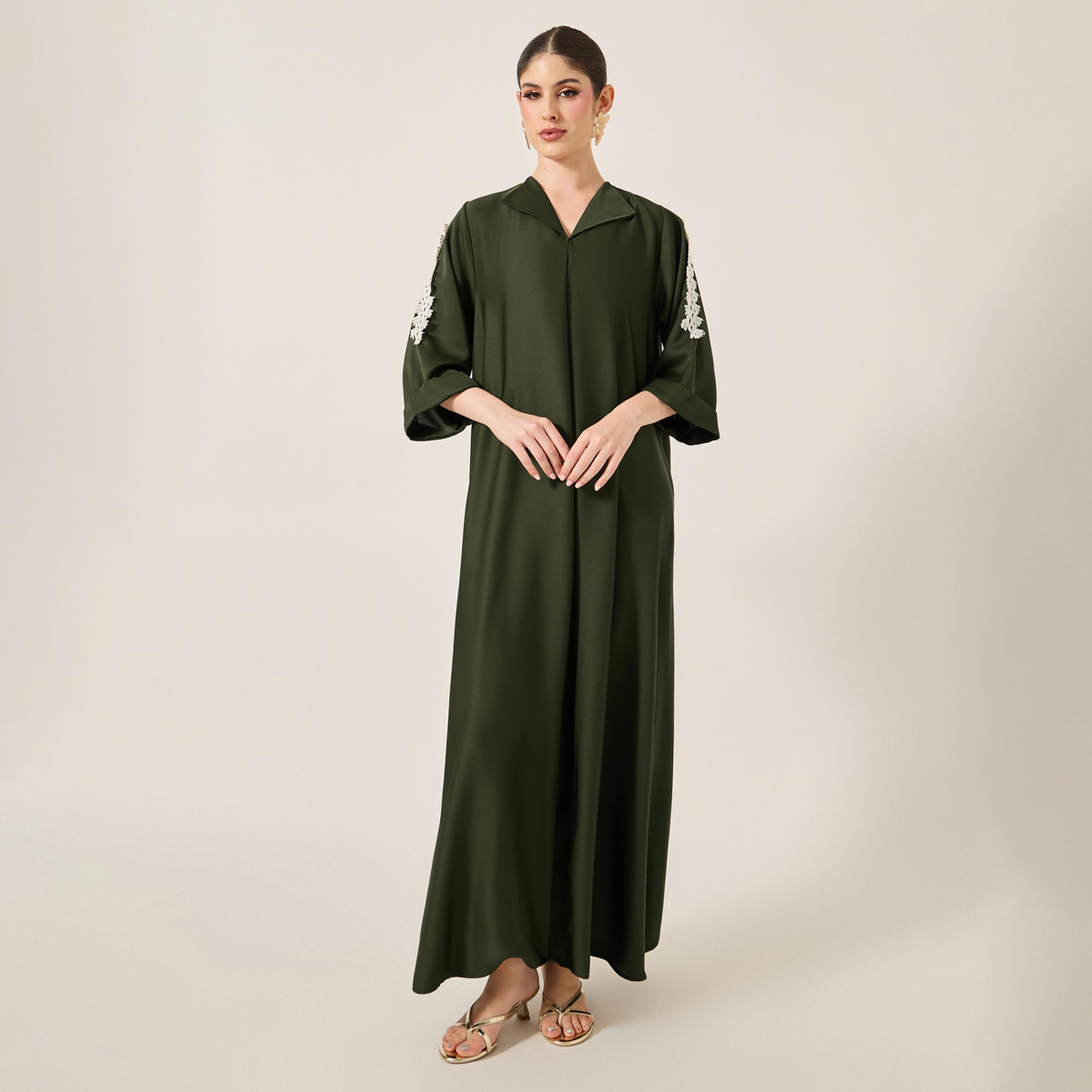 Amirah X Styli Lace Detail Embroidered A-Line Belted Jalabiya-women-arabicclothing-jalabiyas-image-1
