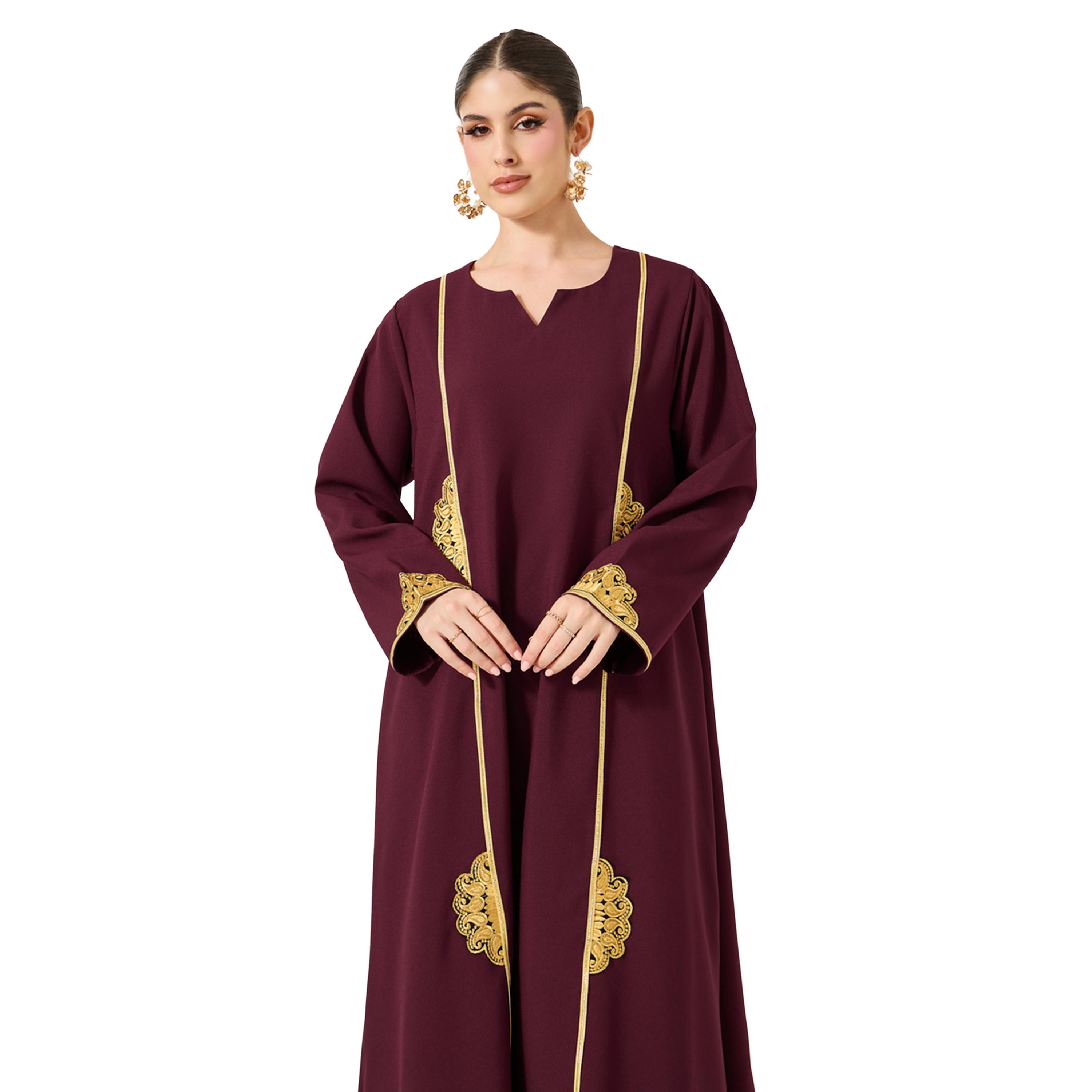 Amirah X Styli Embroidered Lace Detail Notch Neck Jalabyia-women-arabicclothing-jalabiyas-image-3