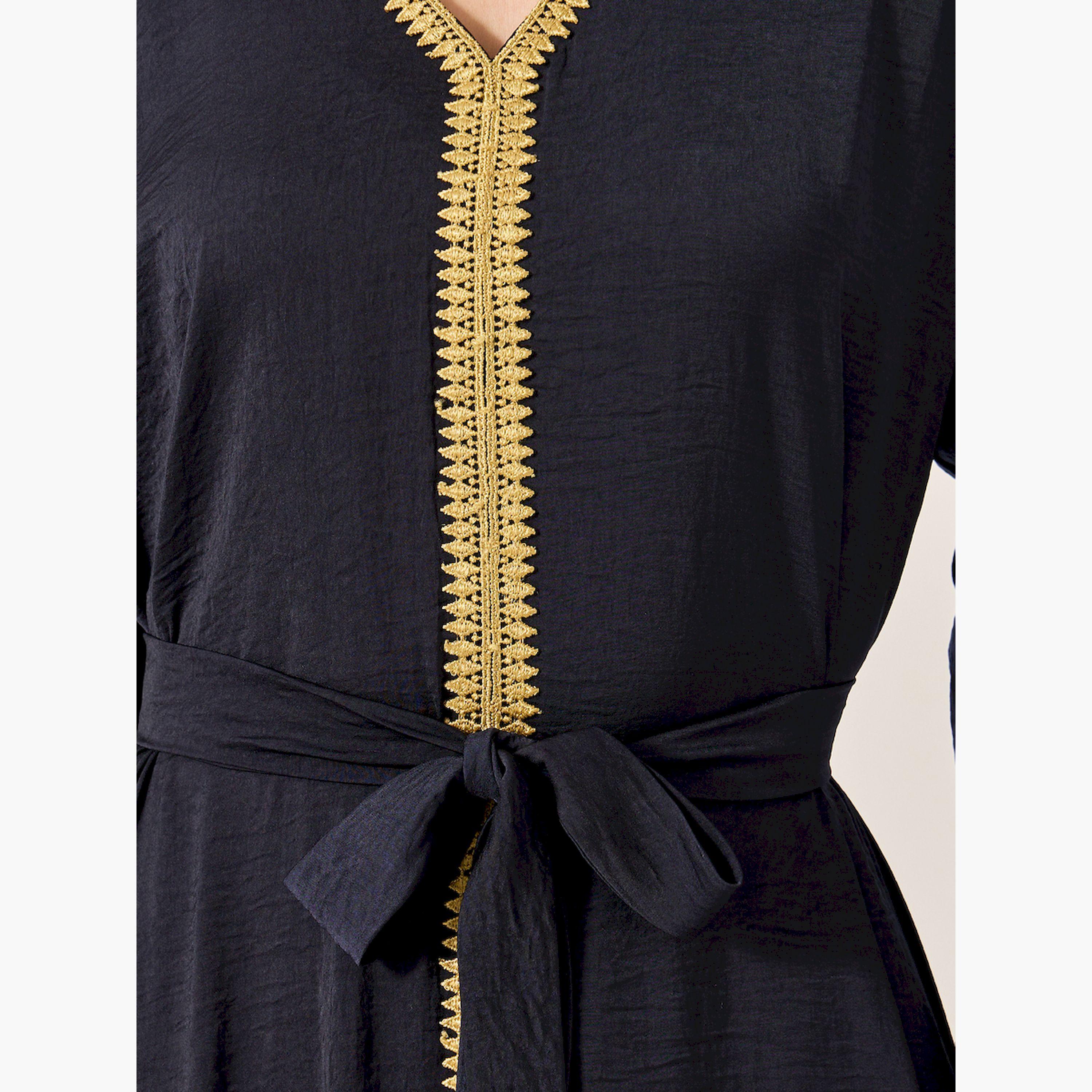 ستايلي - جلابية برباط خصر وياقة V-women-arabicclothing-jalabiyas-image-4