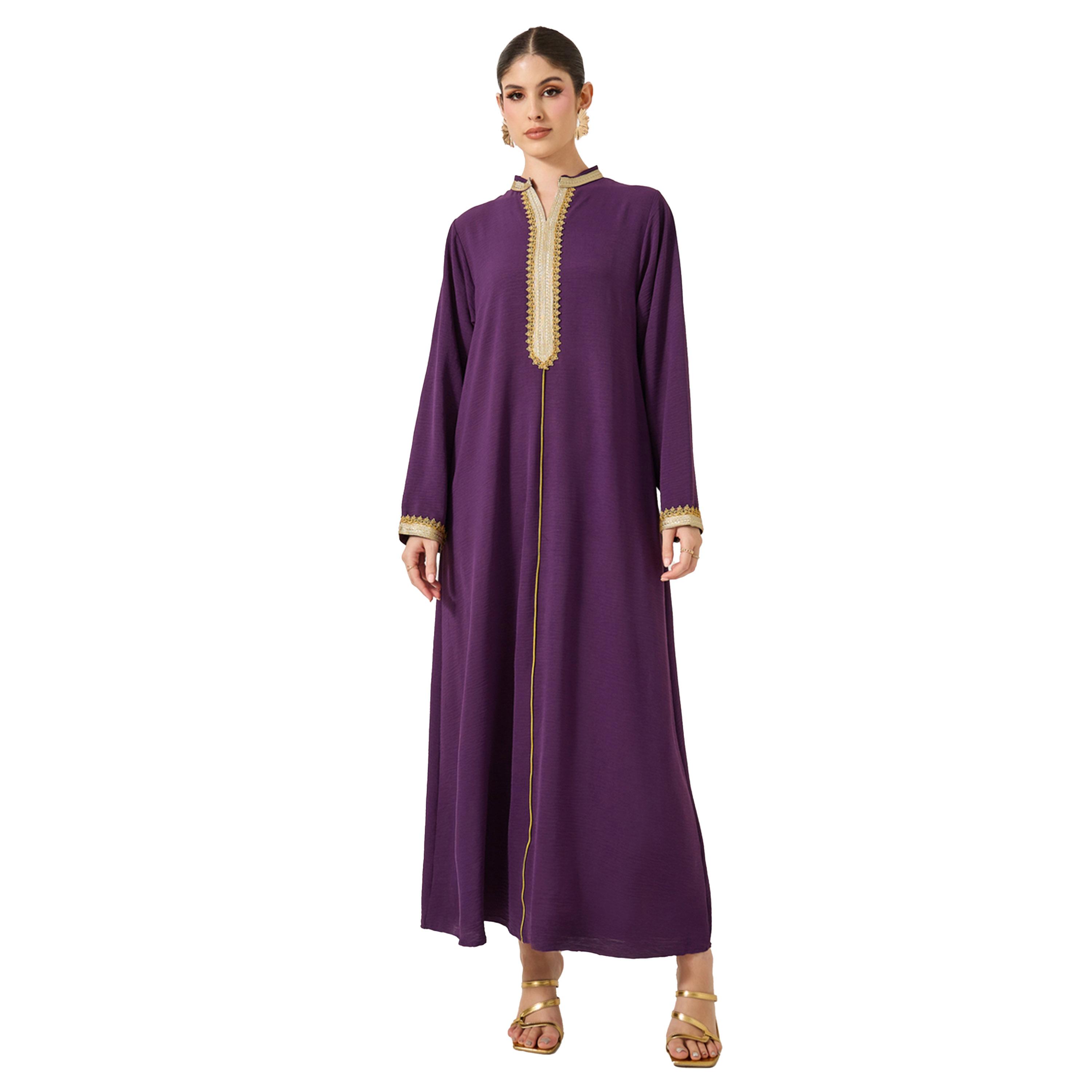 Styli Pleated Collared Lace Detail A-Line Jalabyia-women-arabicclothing-jalabiyas-image-2