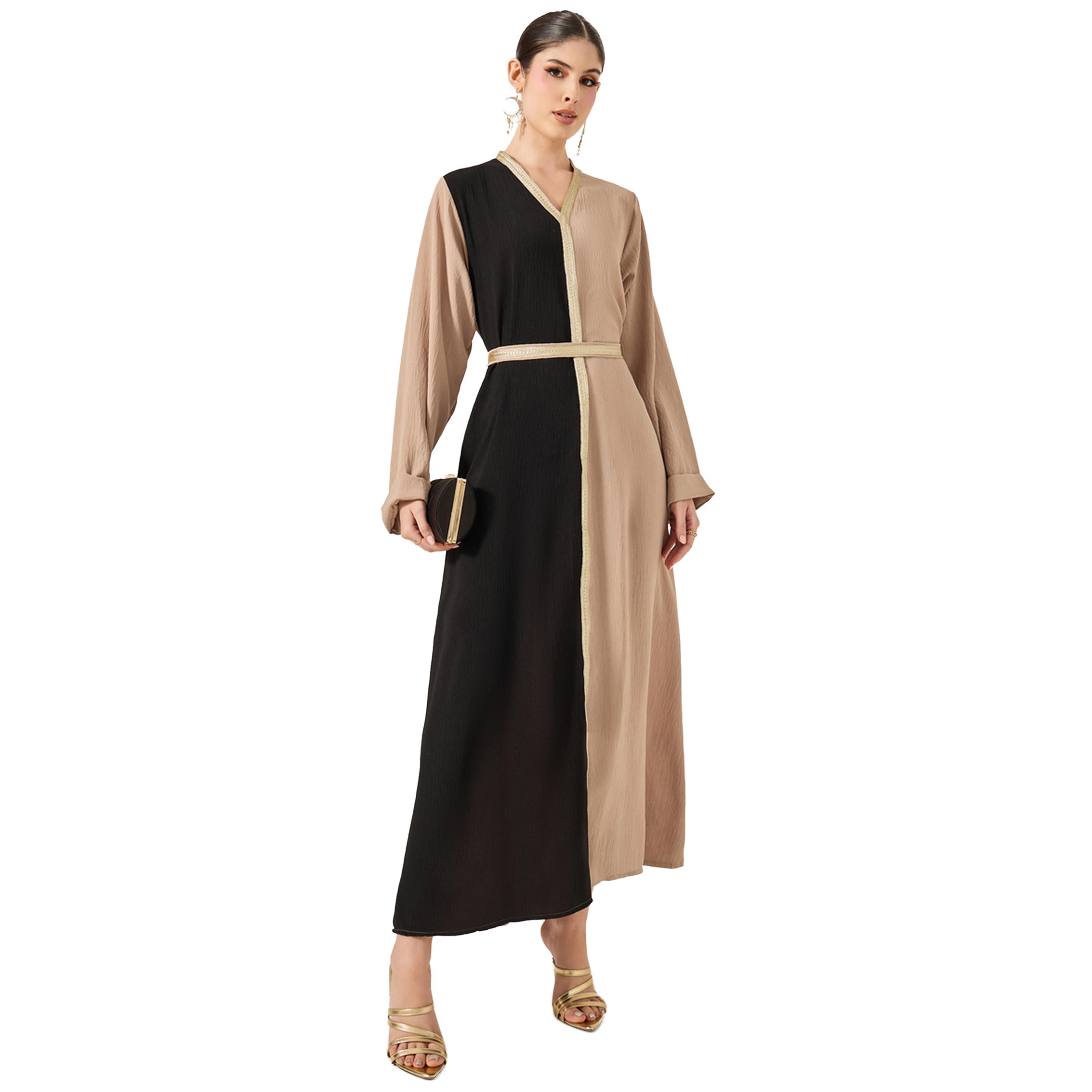 Styli Color Block Lace Detail V-Neck A-Line Jalabyia-women-arabicclothing-jalabiyas-image-1
