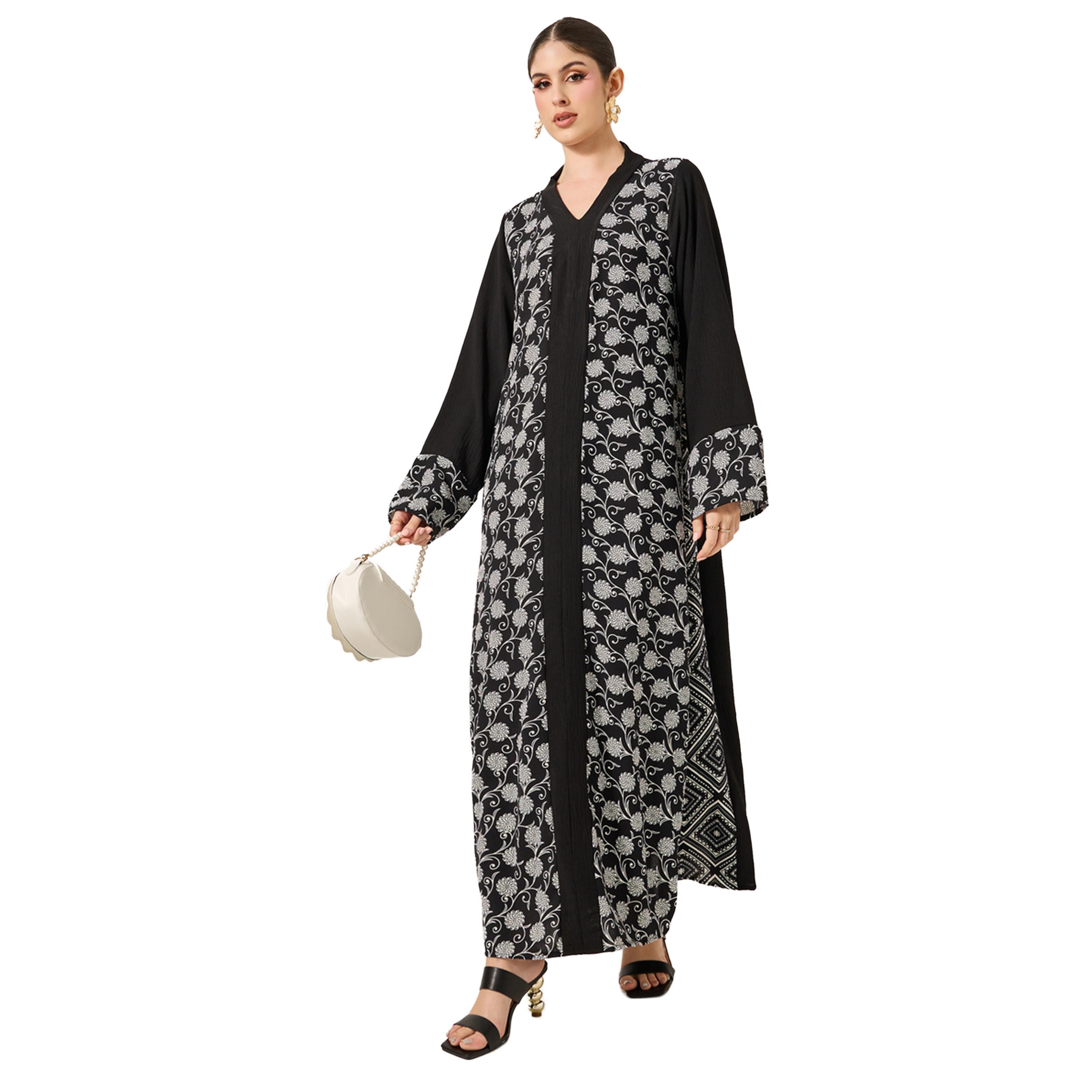 Styli Printed Panel V-Neck A-Line Jalabiya-women-arabicclothing-jalabiyas-image-1