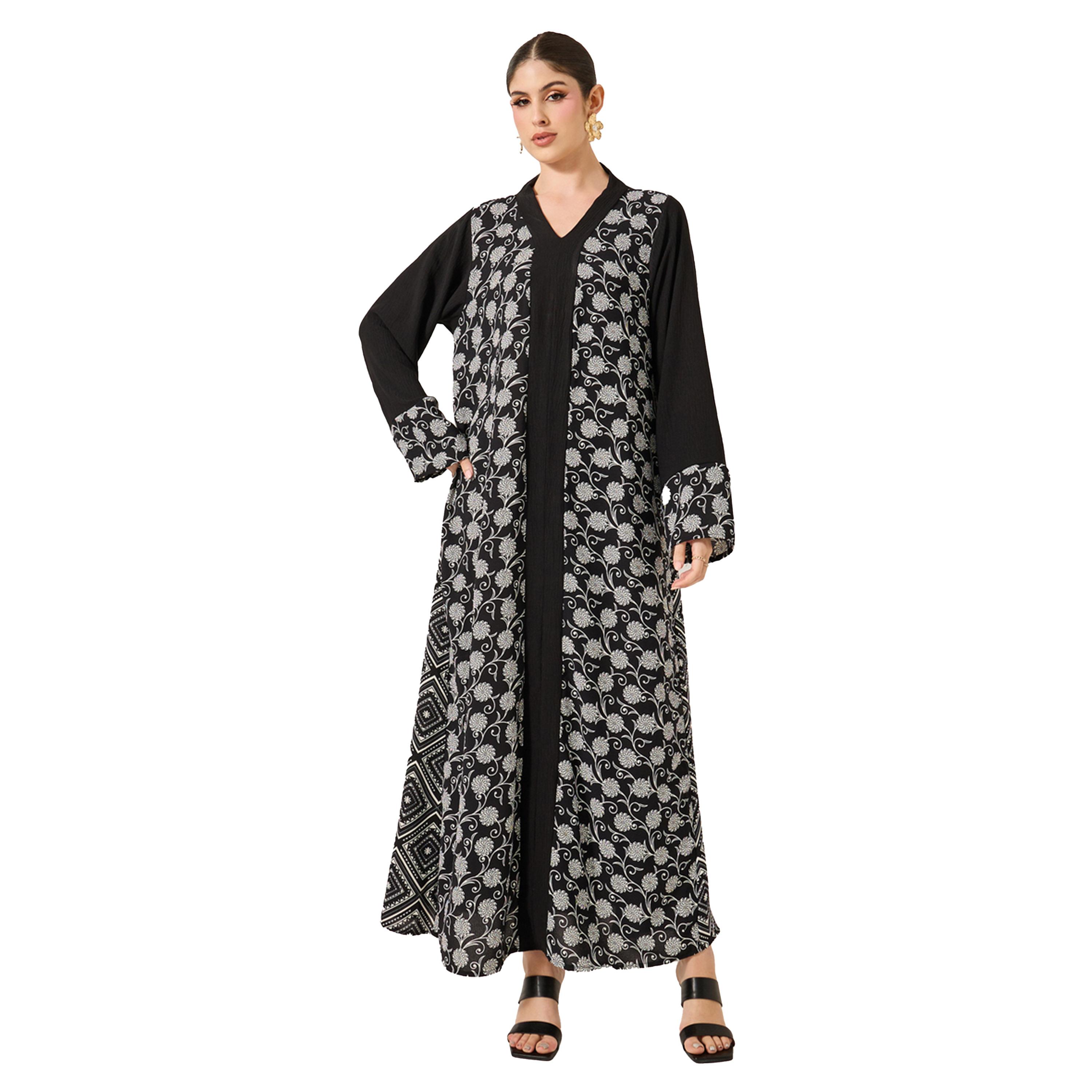 Styli Printed Panel V-Neck A-Line Jalabiya-women-arabicclothing-jalabiyas-image-2