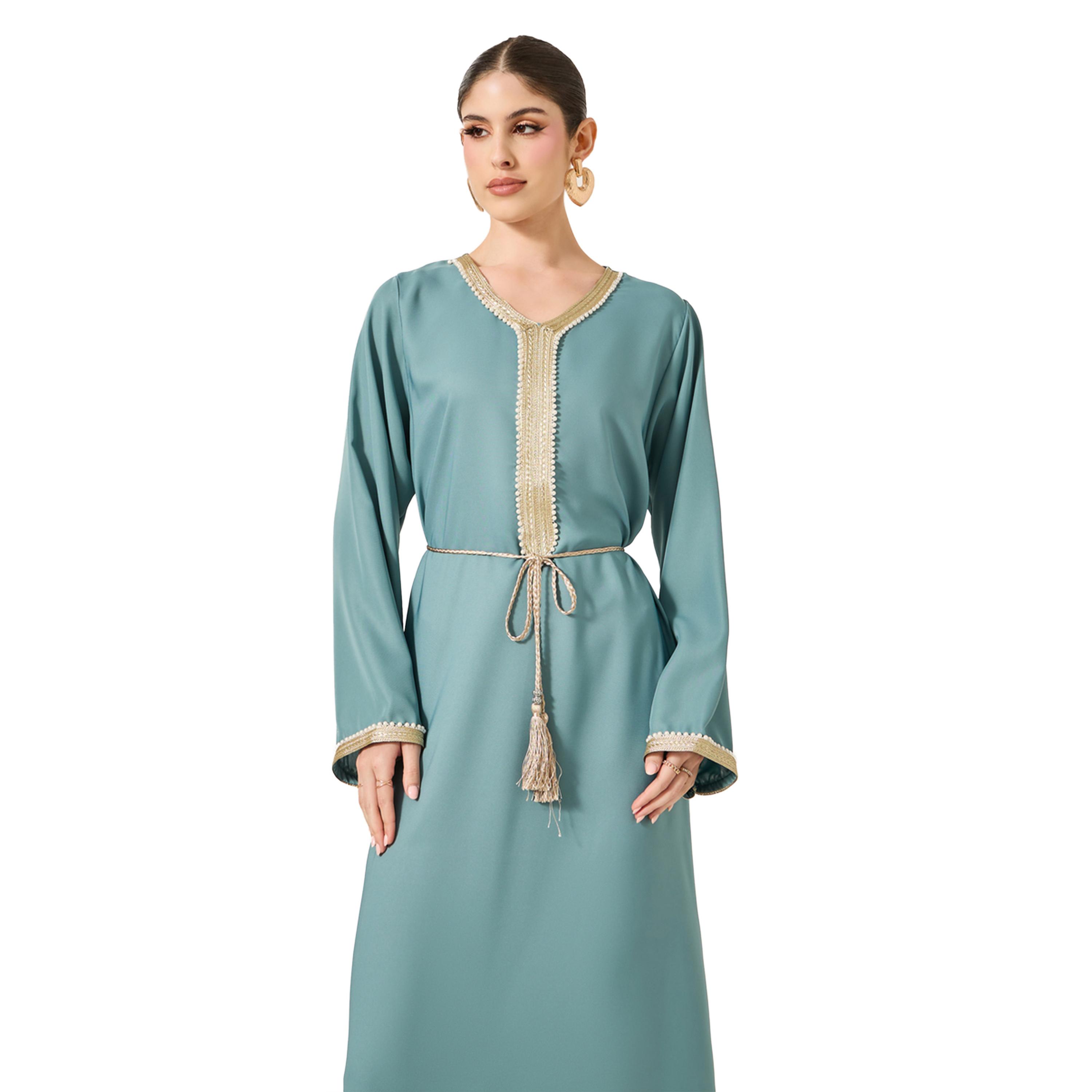 ستايلي -  جلابية على شكل حرف A مع رباط على الخصر وحواف من الدانتيل الساتان-women-arabicclothing-jalabiyas-image-3