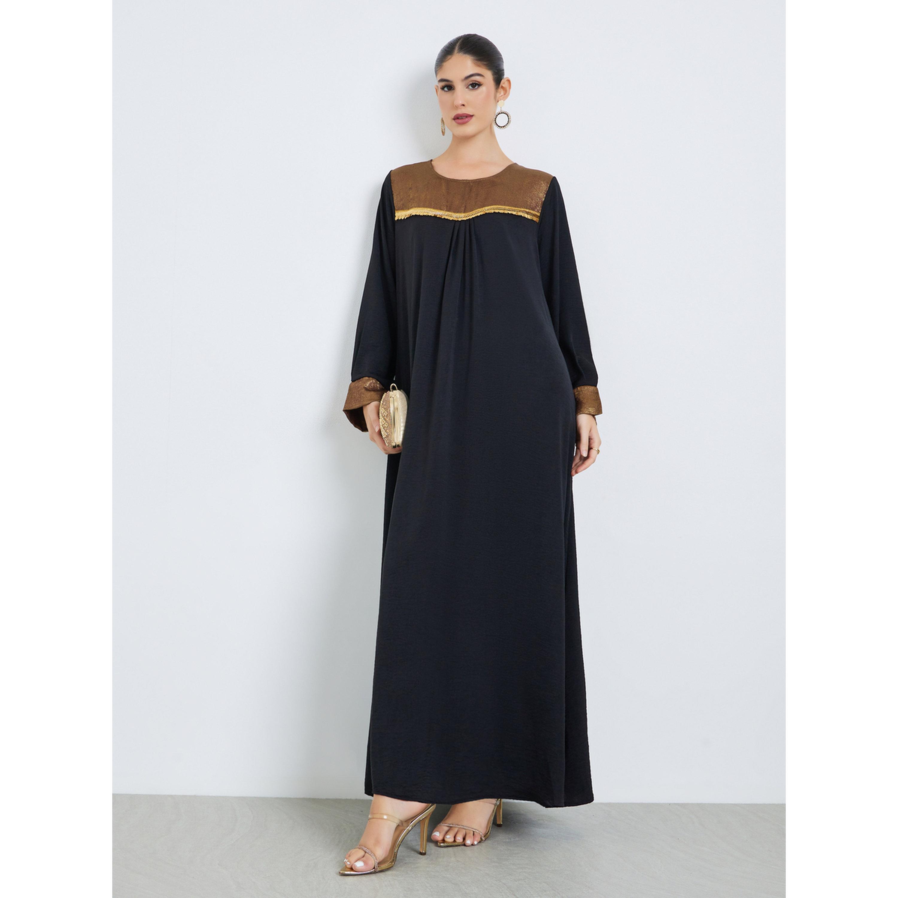 Styli Black Foil Print Yoke Jalabiya-women-arabicclothing-jalabiyas-image-3