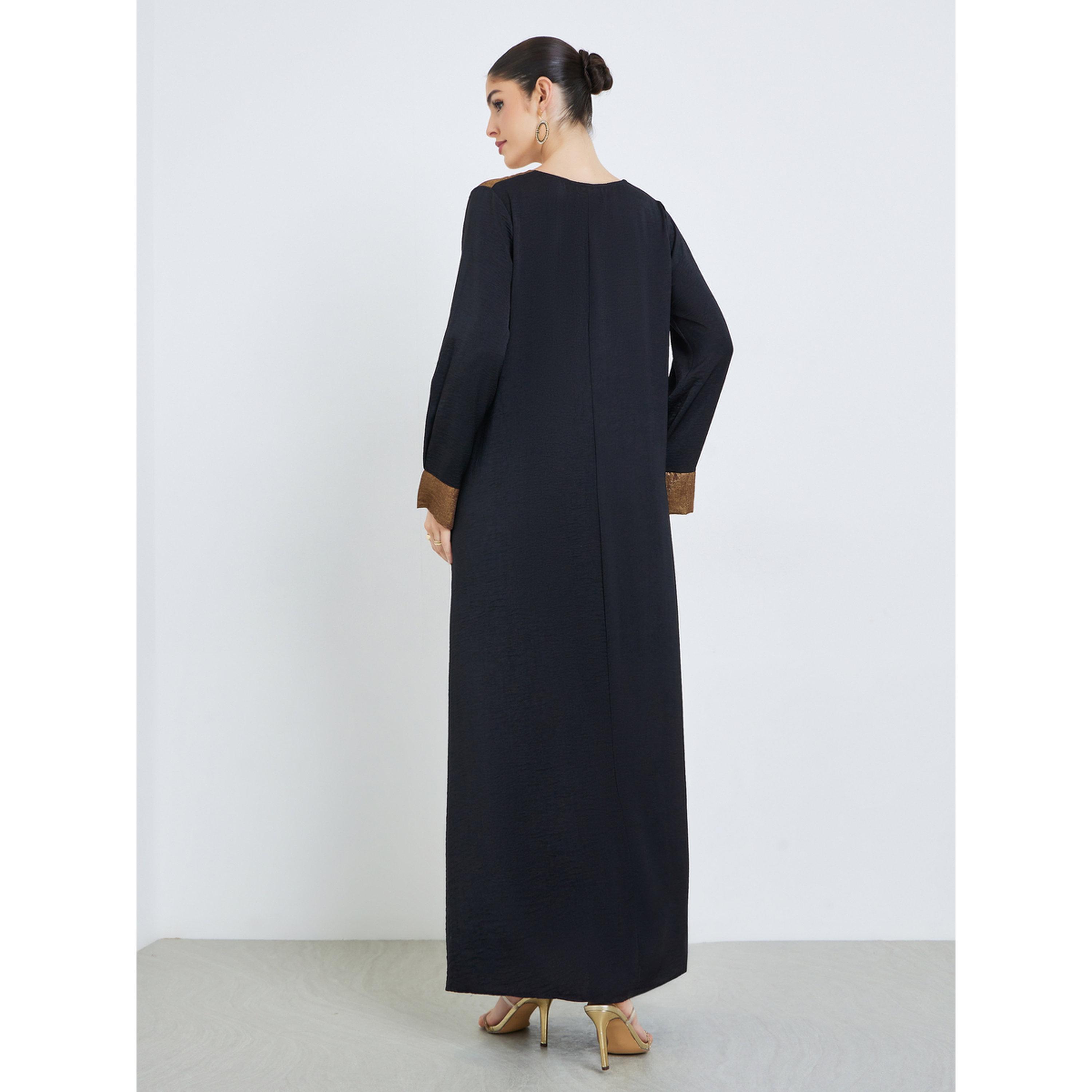 Styli Black Foil Print Yoke Jalabiya-women-arabicclothing-jalabiyas-image-4