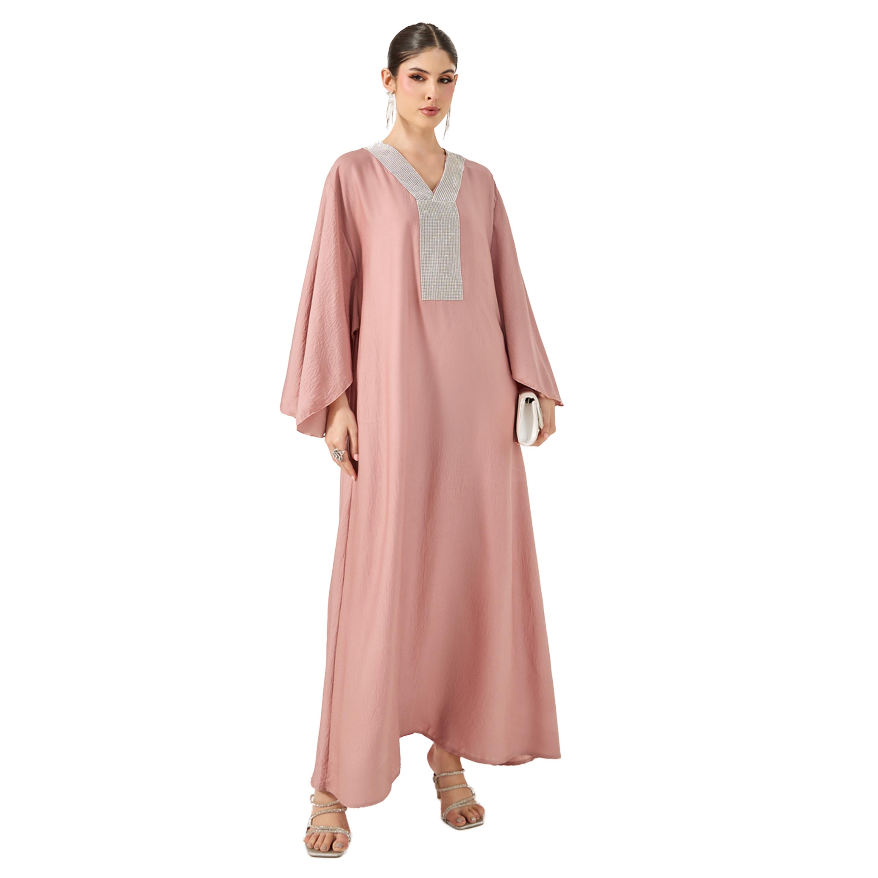 ستايلي -  جلابية ساتان بأكمام ملائكية مزينة برقبة V-women-arabicclothing-jalabiyas-image-1