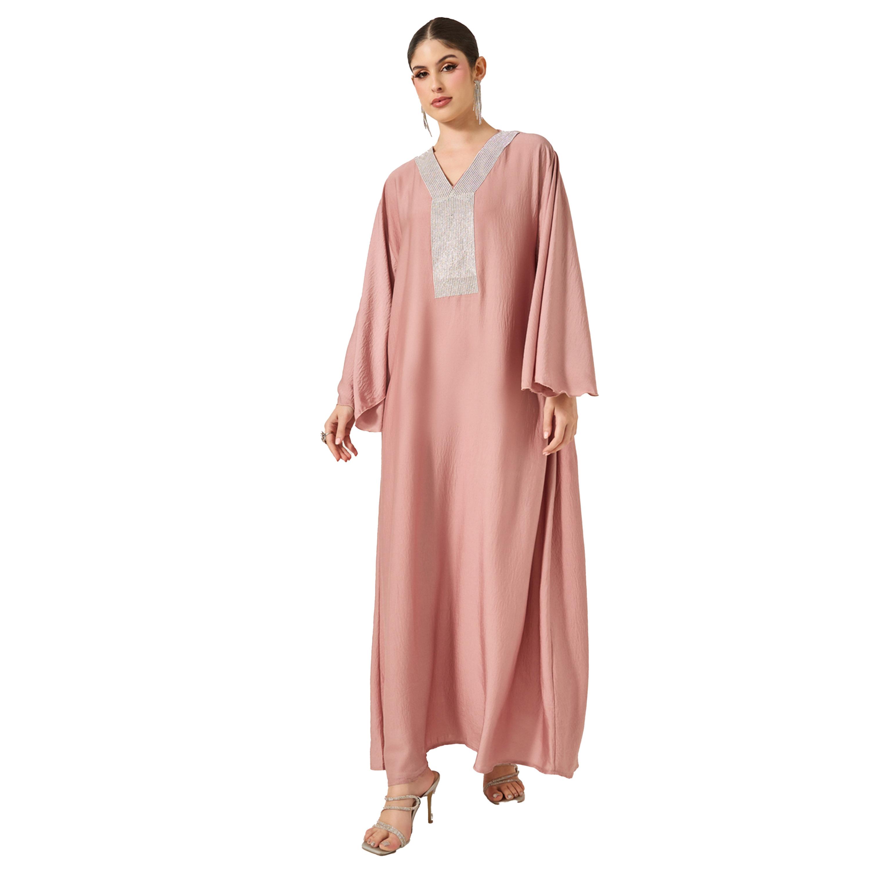 Styli Satin Angel Sleeve Embellished V-Neck Jalabyia-women-arabicclothing-jalabiyas-image-2