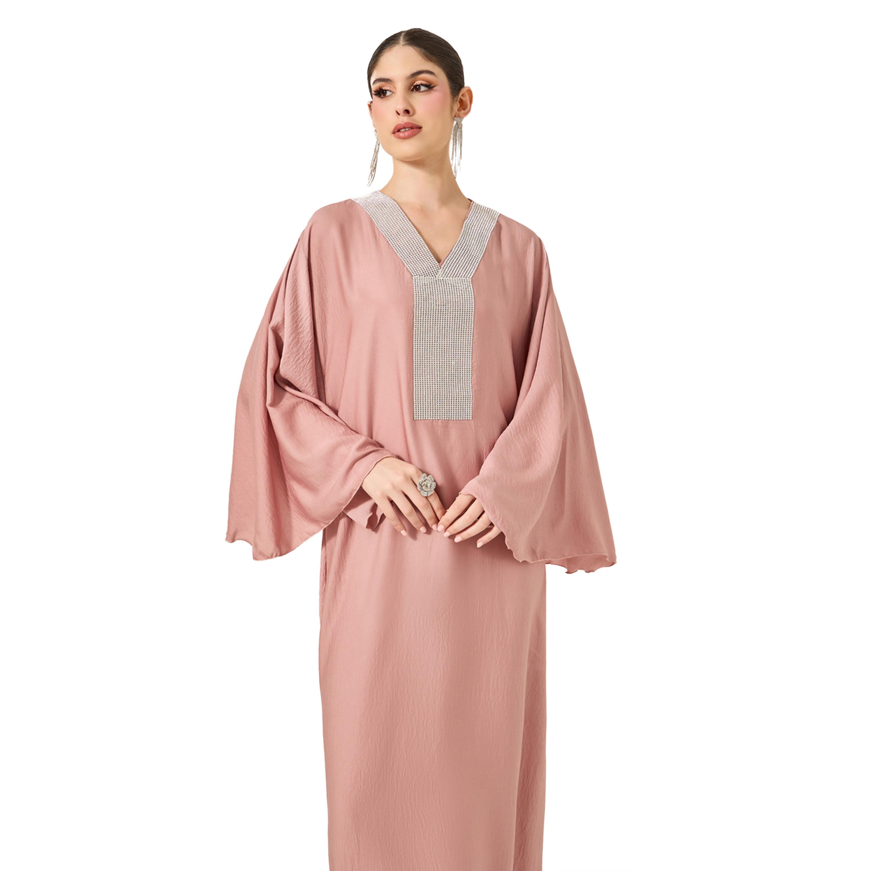 Styli Satin Angel Sleeve Embellished V-Neck Jalabyia-women-arabicclothing-jalabiyas-image-3