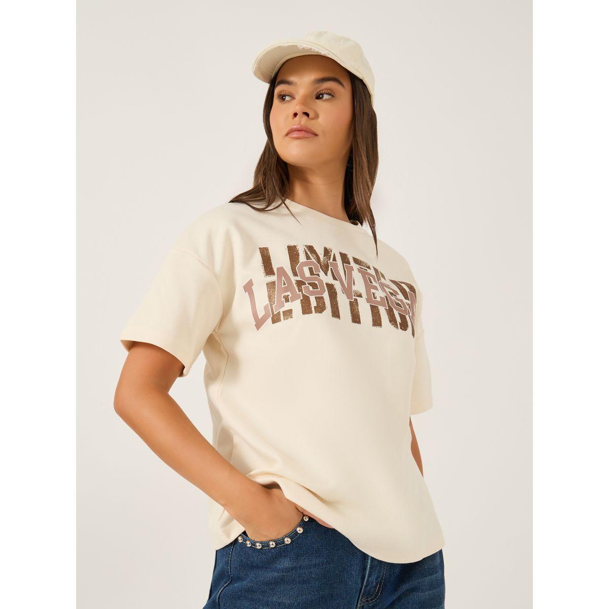 تيشيرت فضفاض بطبعة كتابة وأكمام قصيرة-women-clothing-tshirts-image-1
